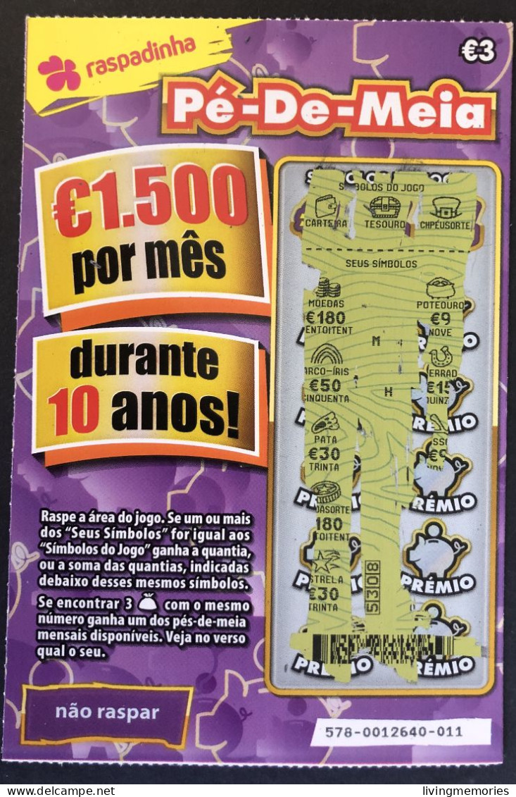 116 X, Lottery Tickets, Portugal, « Raspadinha », « Instant Lottery », « Pé-de-Meia », Nº 578 - Billets De Loterie