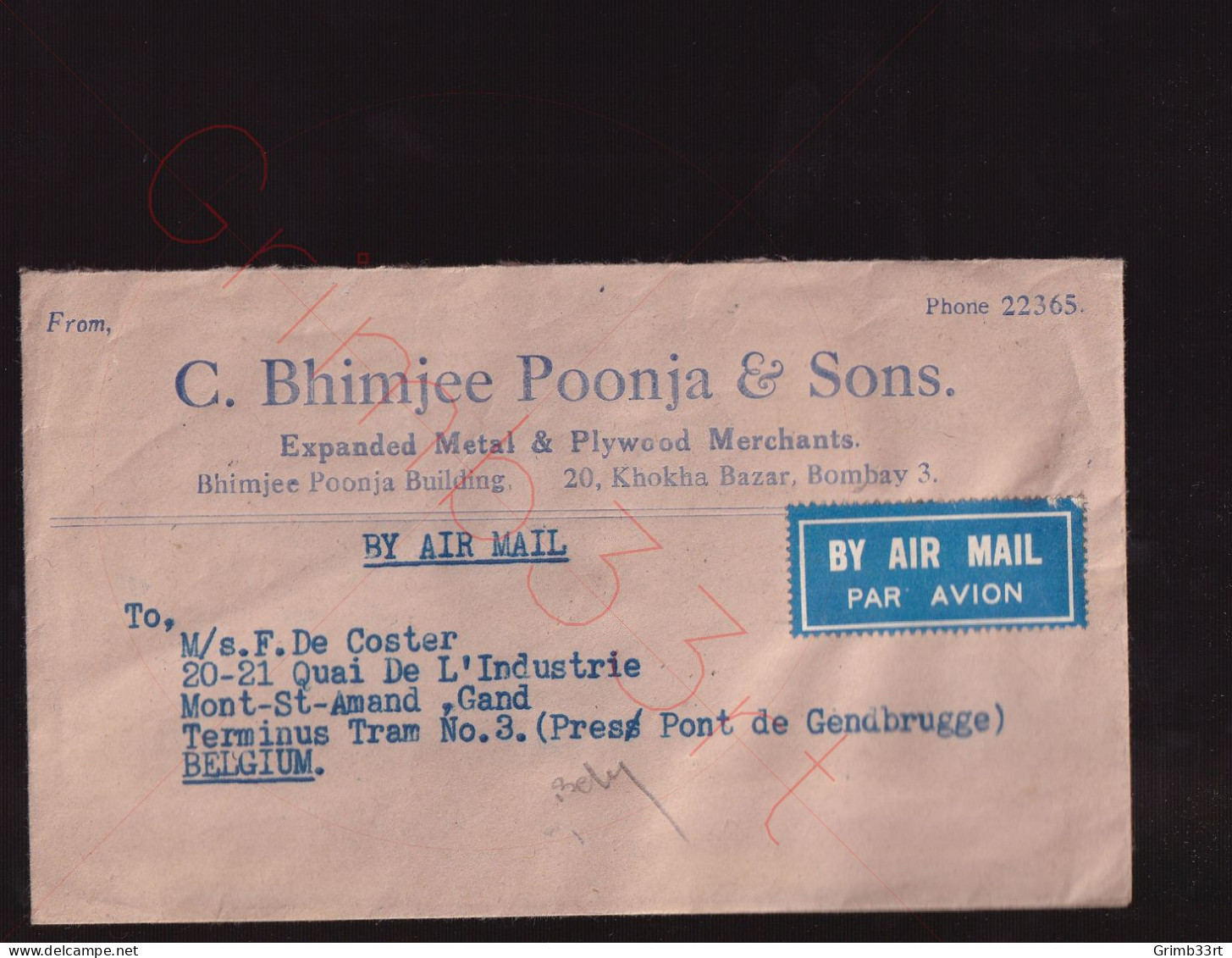 India - By Air Mail - Van Bombay Naar Gand, Belgique - Timbre Au Verso - 1949 - Briefe U. Dokumente