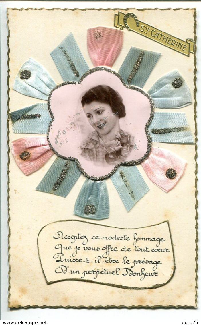 Ecrite 11.11. 1938 * SAINTE CATHERINE Portrait Jeune Femme Encerclé De Ruban Soie Strass Rose & Bleu - Sint Catharina