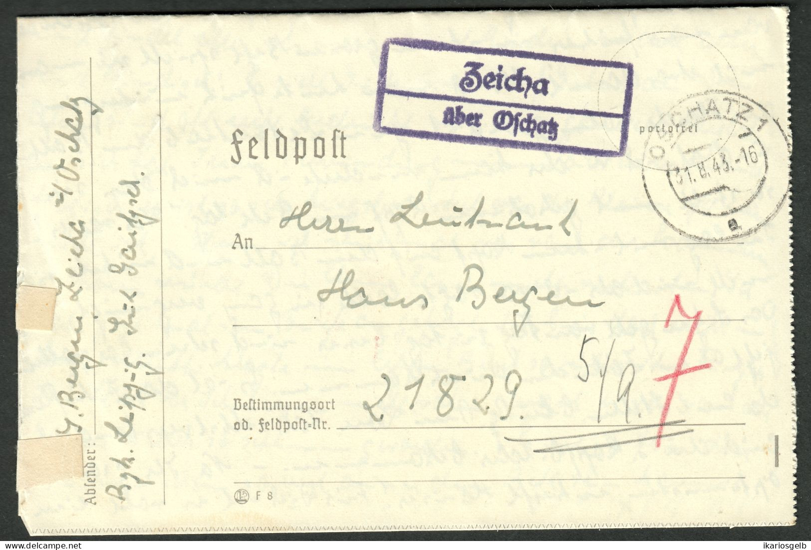 ZEICHA über OSCHATZ 1944 Sauberer LANDPOSTSTEMPEL Blau Auf FELDPOST Bedarfsbrief > FP-# 21829 - Feldpost 2e Wereldoorlog
