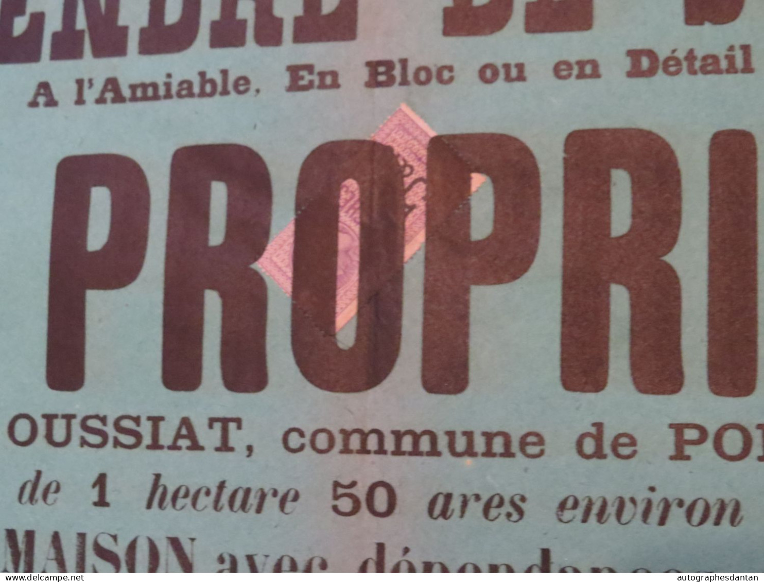 ● Affiche OUSSIAT - PONT D'AIN - Vente Propriété Docteur DUPRE - Me Paccot à Bourg Rue Bourgmayer - (Ain 01) - Timbre - Posters