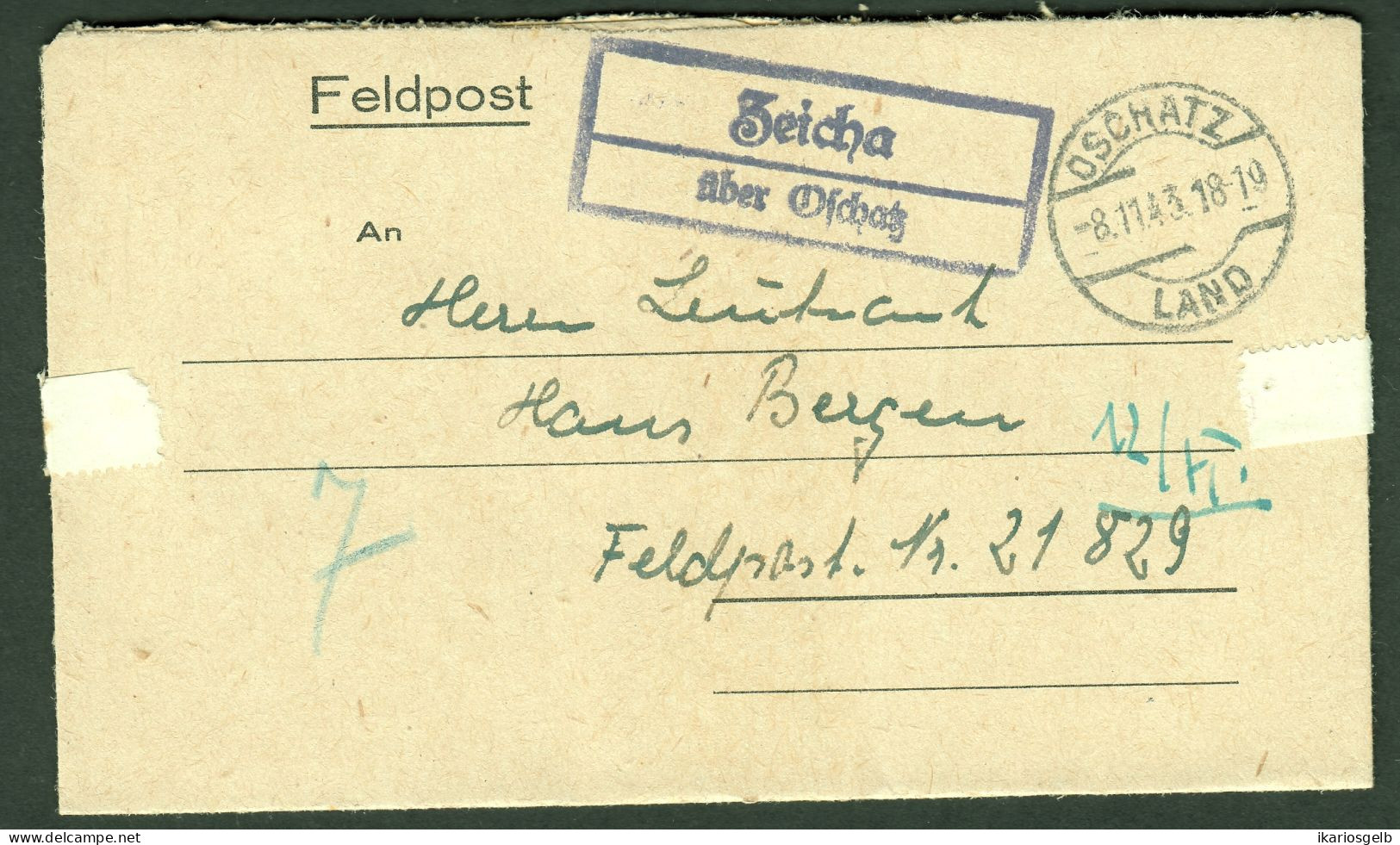 ZEICHA über OSCHATZ 1944 Sauberer LANDPOSTSTEMPEL Blau Auf FELDPOST Bedarfsbrief > FP-# 21829 - Feldpost 2e Guerre Mondiale