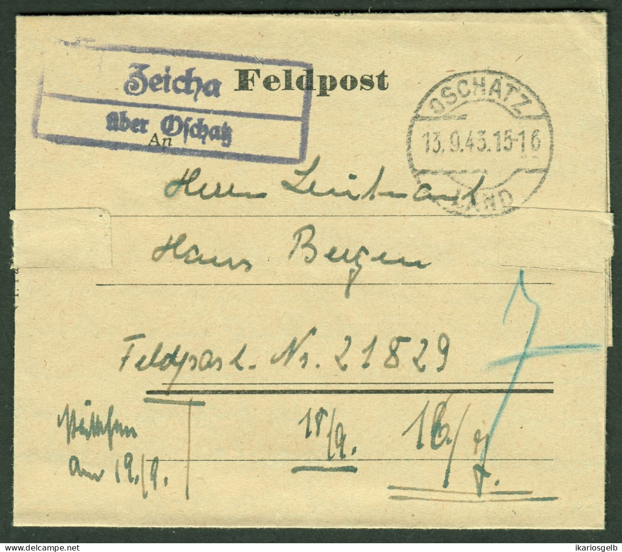 ZEICHA über OSCHATZ 1944 Sauberer LANDPOSTSTEMPEL Blau Auf FELDPOST Bedarfsbrief > FP-# 21829 - Feldpost 2e Wereldoorlog