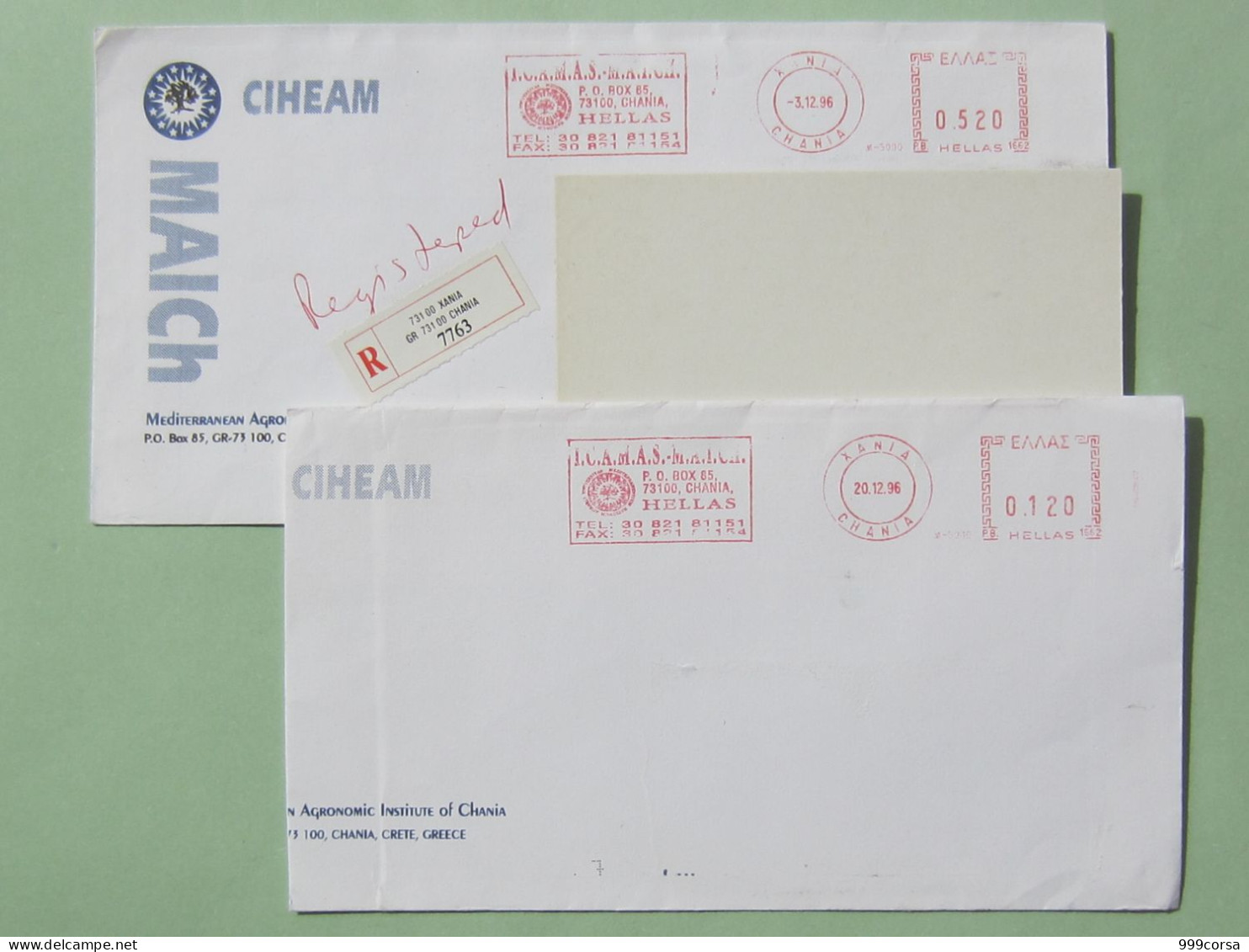 I-1718- ICAMAS-MAICH,Mediterranean Agronomic Institute, Chania, Grecia,2 Buste, 3 Framm.,a.m.,ema,meter (2 Scan) - Postmarks - EMA (Printer Machine)