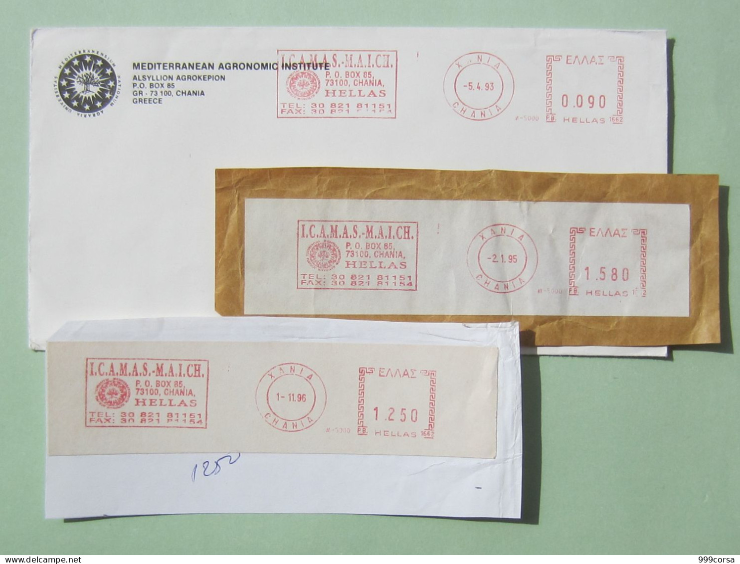 I-1718- ICAMAS-MAICH,Mediterranean Agronomic Institute, Chania, Grecia,2 Buste, 3 Framm.,a.m.,ema,meter (2 Scan) - Postmarks - EMA (Printer Machine)