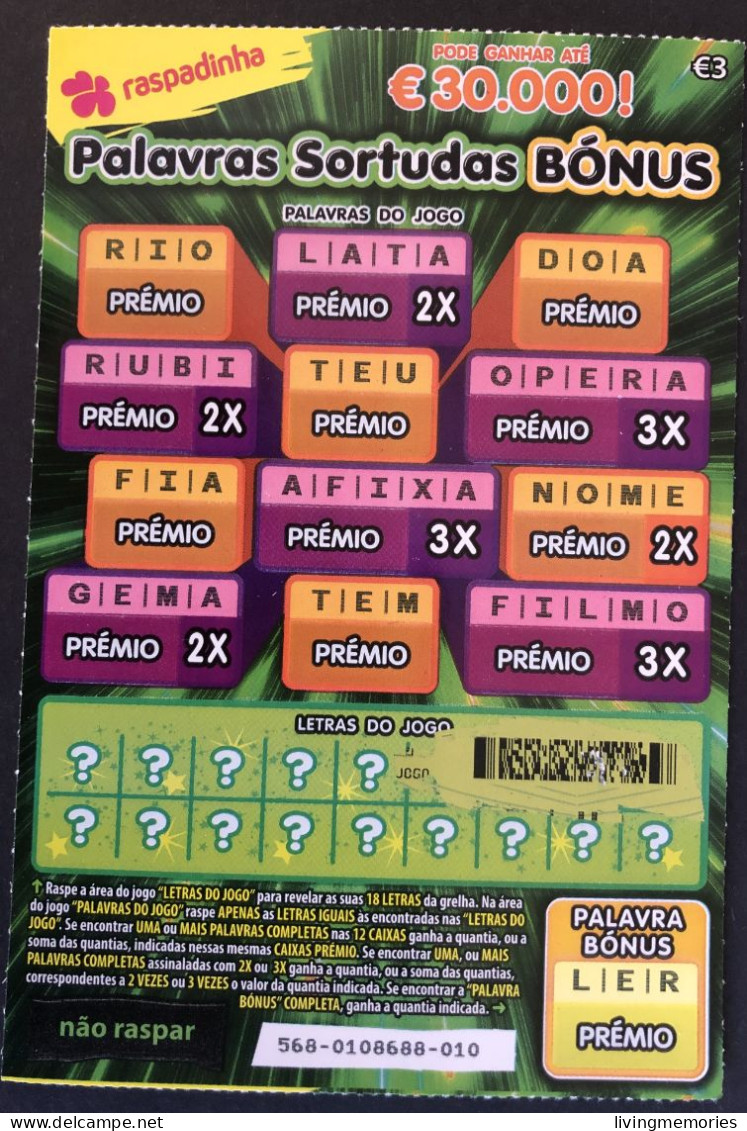 116 X, Lottery Tickets, Portugal, « Raspadinha », « PALAVRAS SORTUDAS BONUS Pode Ganhar Até € 30.000 », Nº 568 - Biglietti Della Lotteria