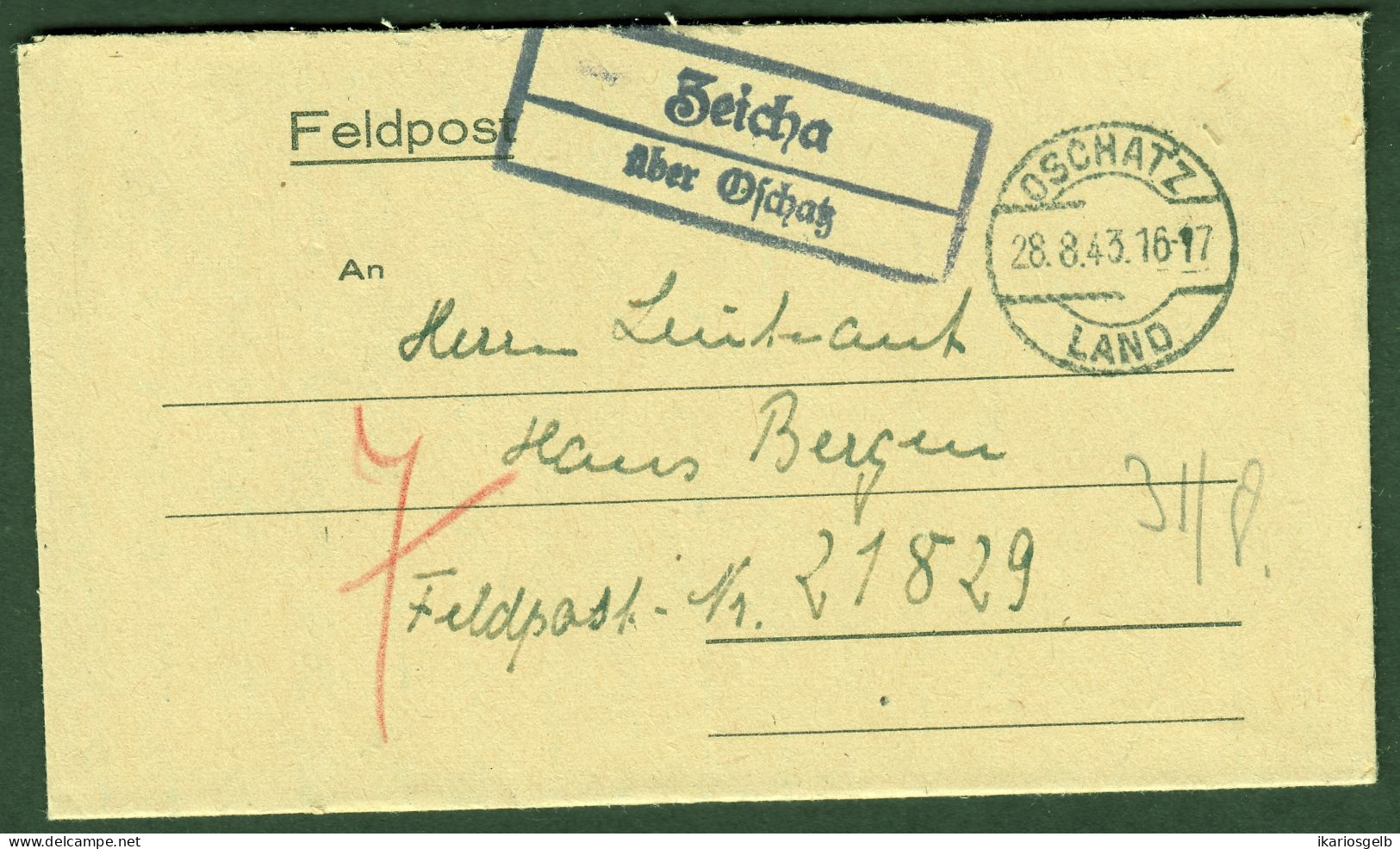 ZEICHA über OSCHATZ 1944 Sauberer LANDPOSTSTEMPEL Blau Auf FELDPOST Faltbrief > FP-# 21829 - Feldpost 2a Guerra Mondiale