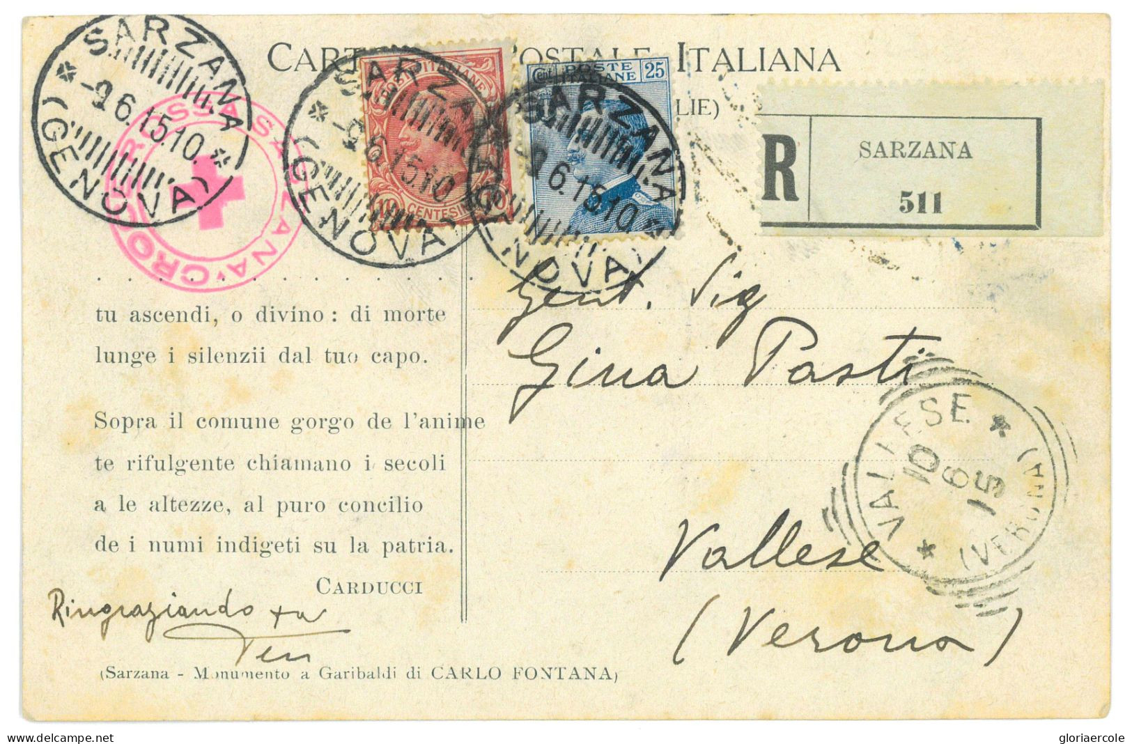 P3043 - ITALIA GENOVA SARZANA, MONUMENTO A GARIBALDI , CARTOLINA RACCOMANDATA, FIRMATA DALL’AUTORE . - 1946-60: Oblitérés