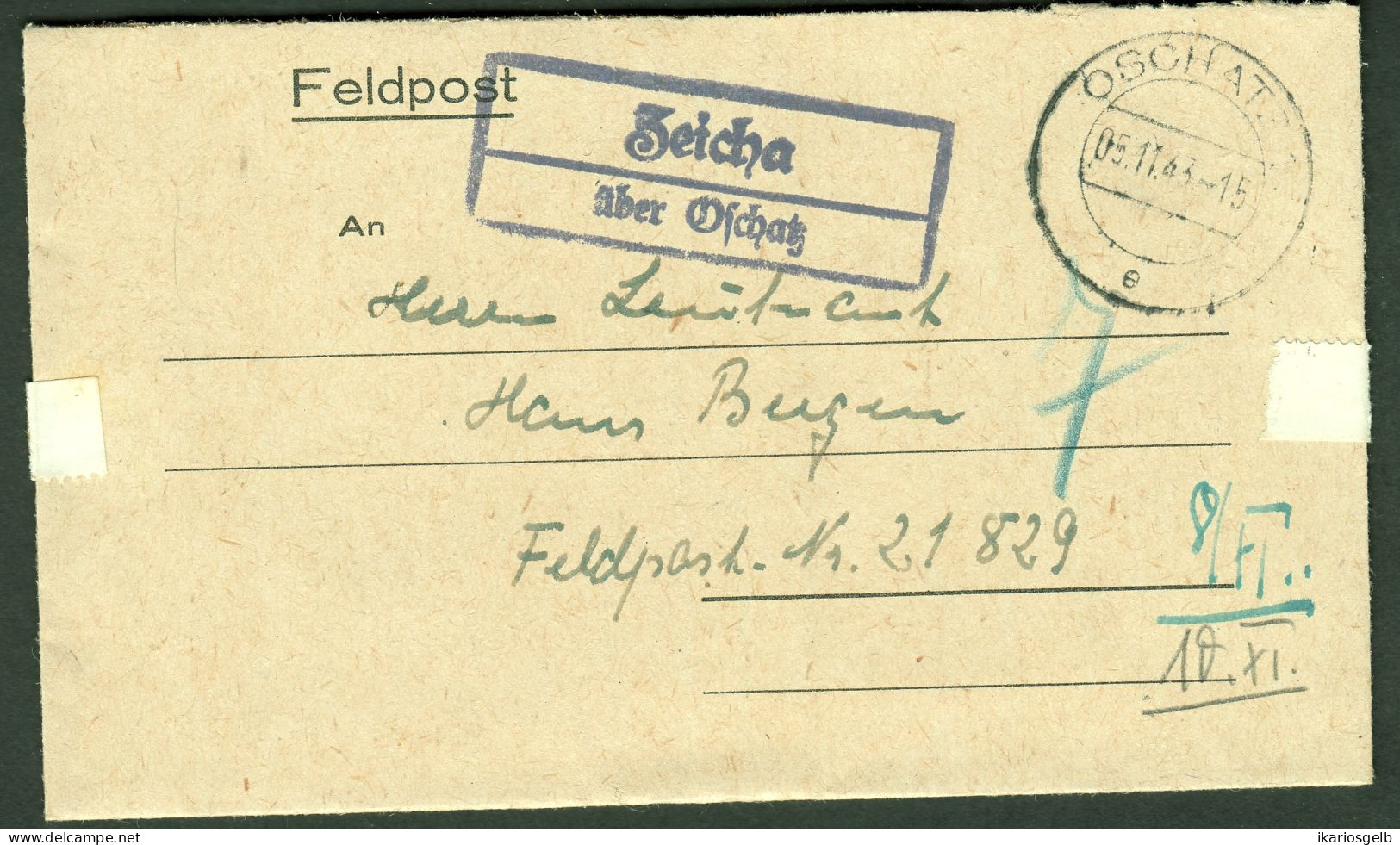 ZEICHA über OSCHATZ 1944 Sauberer LANDPOSTSTEMPEL Blau Auf FELDPOST Faltbrief > FP-# 21829 - Feldpost 2a Guerra Mondiale