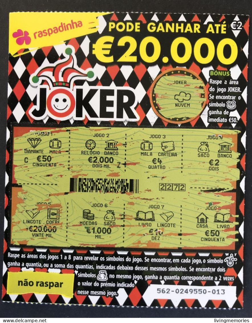 116 X, Lottery Tickets, Portugal, « Raspadinha », « Instant Lottery », « JOKER Pode Ganhar Até € 20.000 », Nº 562 - Billetes De Lotería