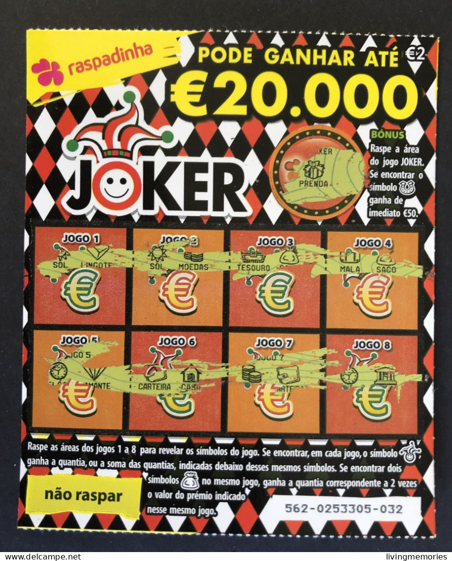 116 X, Lottery Tickets, Portugal, « Raspadinha », « Instant Lottery », « JOKER Pode Ganhar Até € 20.000 », Nº 562 - Billetes De Lotería