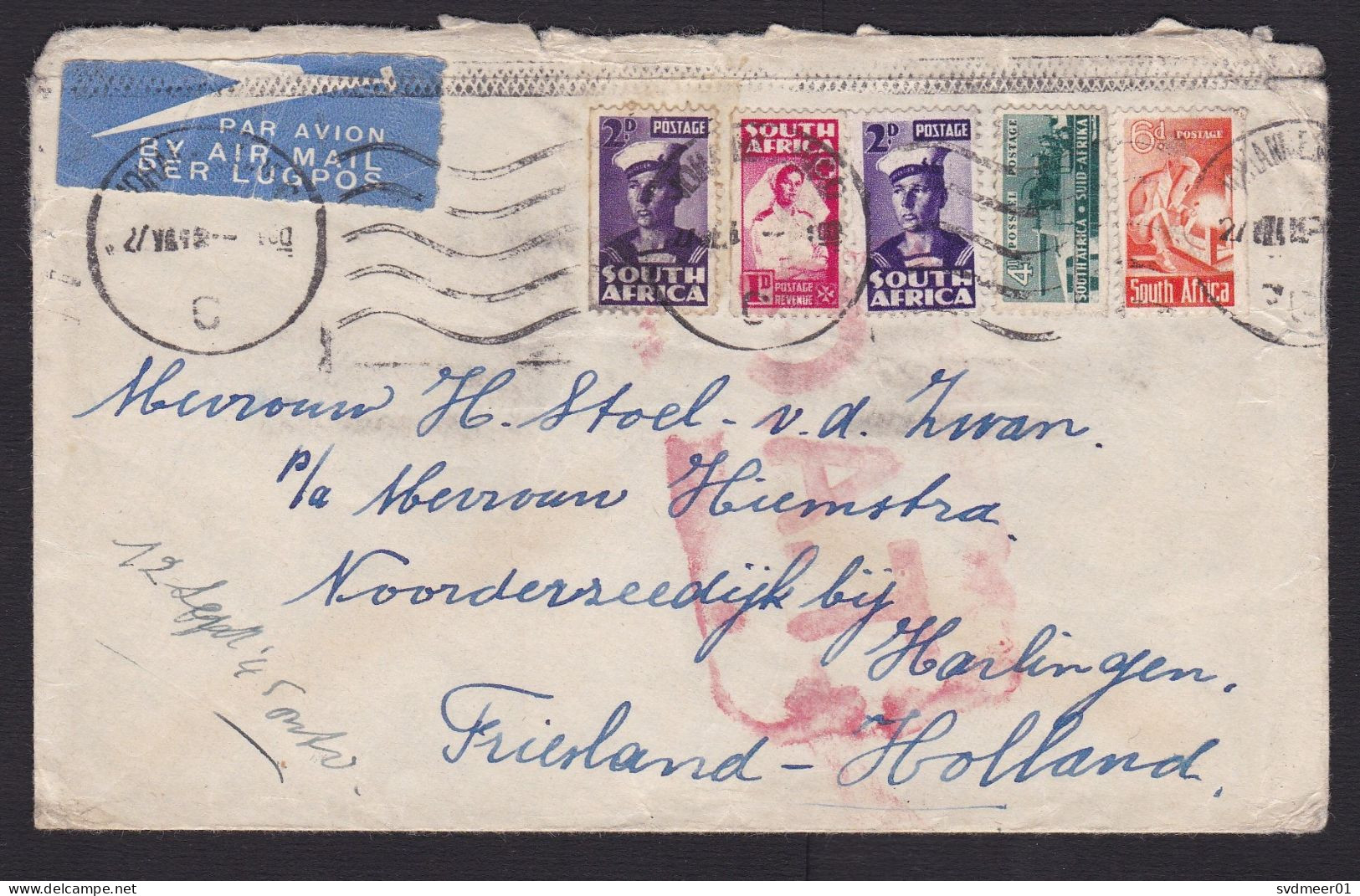 South Africa: Airmail Cover To Netherlands, 1940s, 5 Stamps, War, Rare Red Cancel OAT, Air Transmission (minor Damage) - Brieven En Documenten