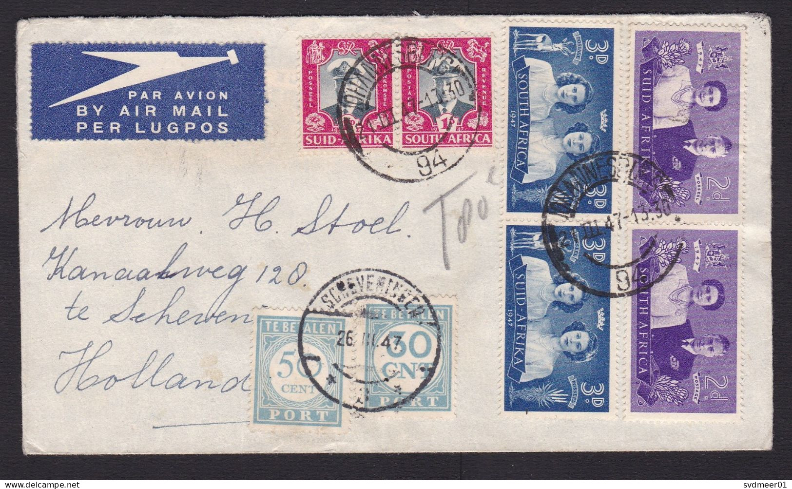 South Africa: Airmail Cover To Netherlands, 1947, 6 Stamps, Royalty, 2 Postage Due Stamps, Taxed To Pay (opened 2 Sides) - Lettres & Documents