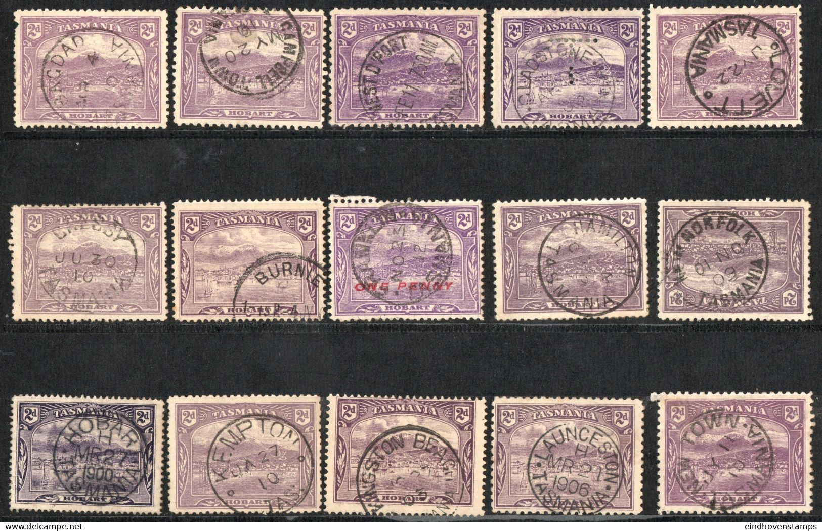 Tasmania 1905 2p 15x Cancelled Shades, Printings & Cancels: Bagdad, Campbell Town, Cressy, Gladstone, Lovett, Etc - Gebruikt