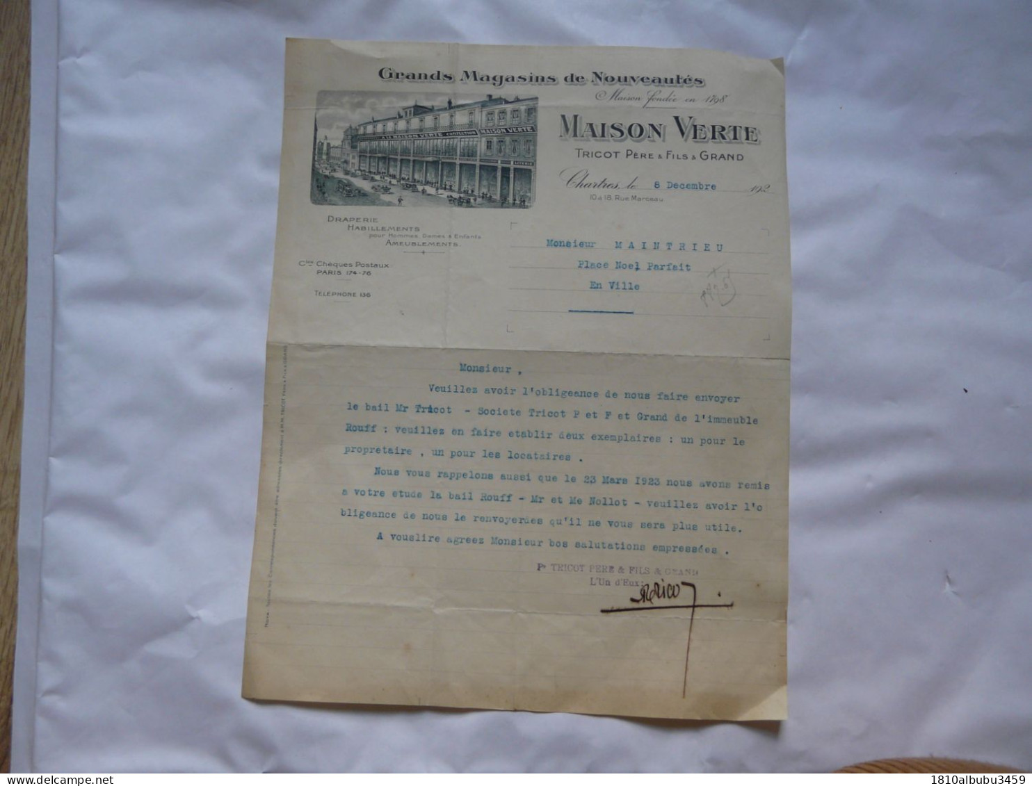 FACTURE ANCIENNE : Grands Magasins De Nouveautés - MAISON VERTE - TRICOT Père & Fils - CHARTRES 1923 - 1900 – 1949