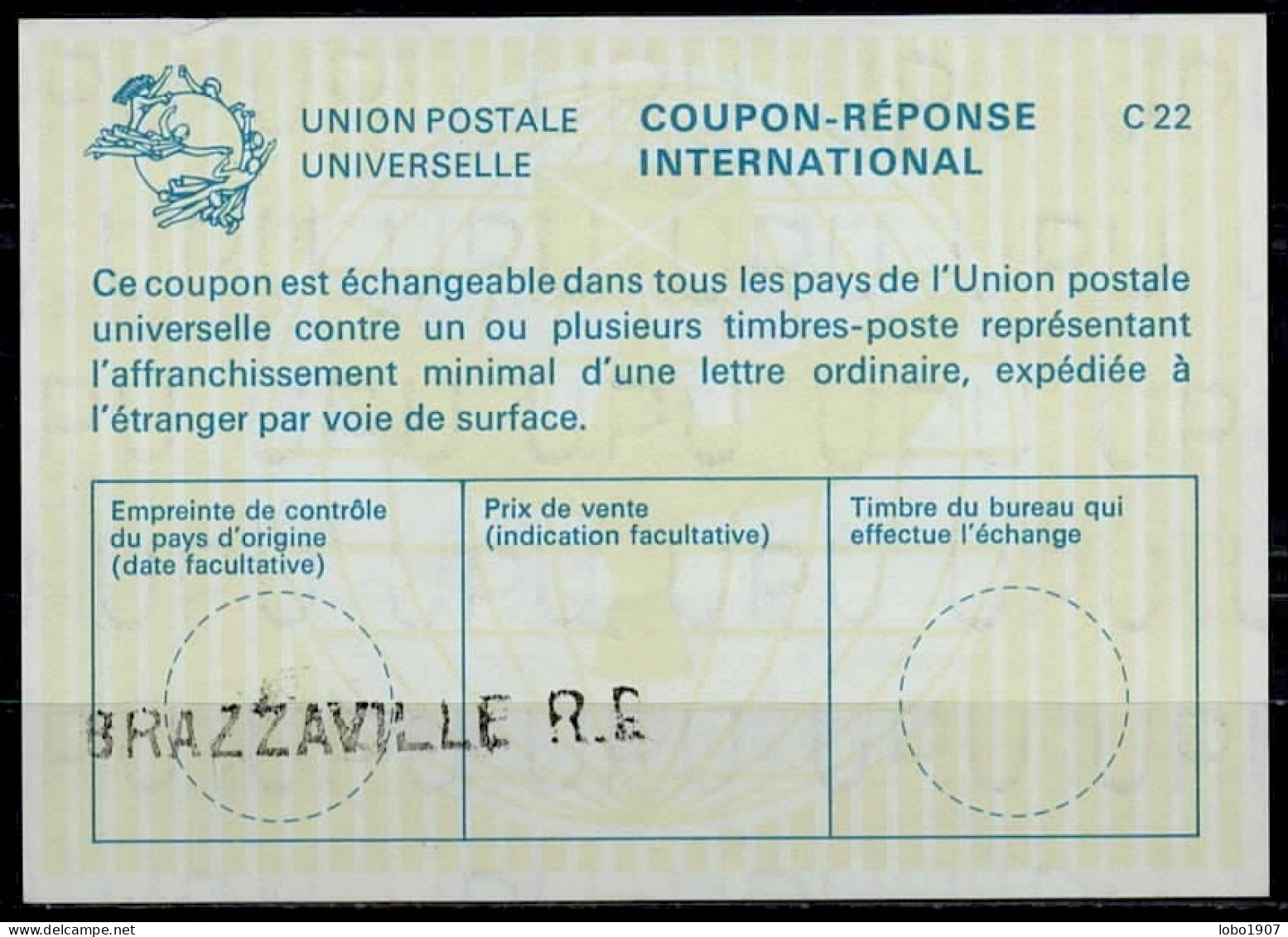 RÉPUBLIQUE DU CONGO  La22  International Reply Coupon Reponse Antwortschein IRC IAS  BRAZZAVILLE R.P.  ( Wm Horiz. ) - Other & Unclassified