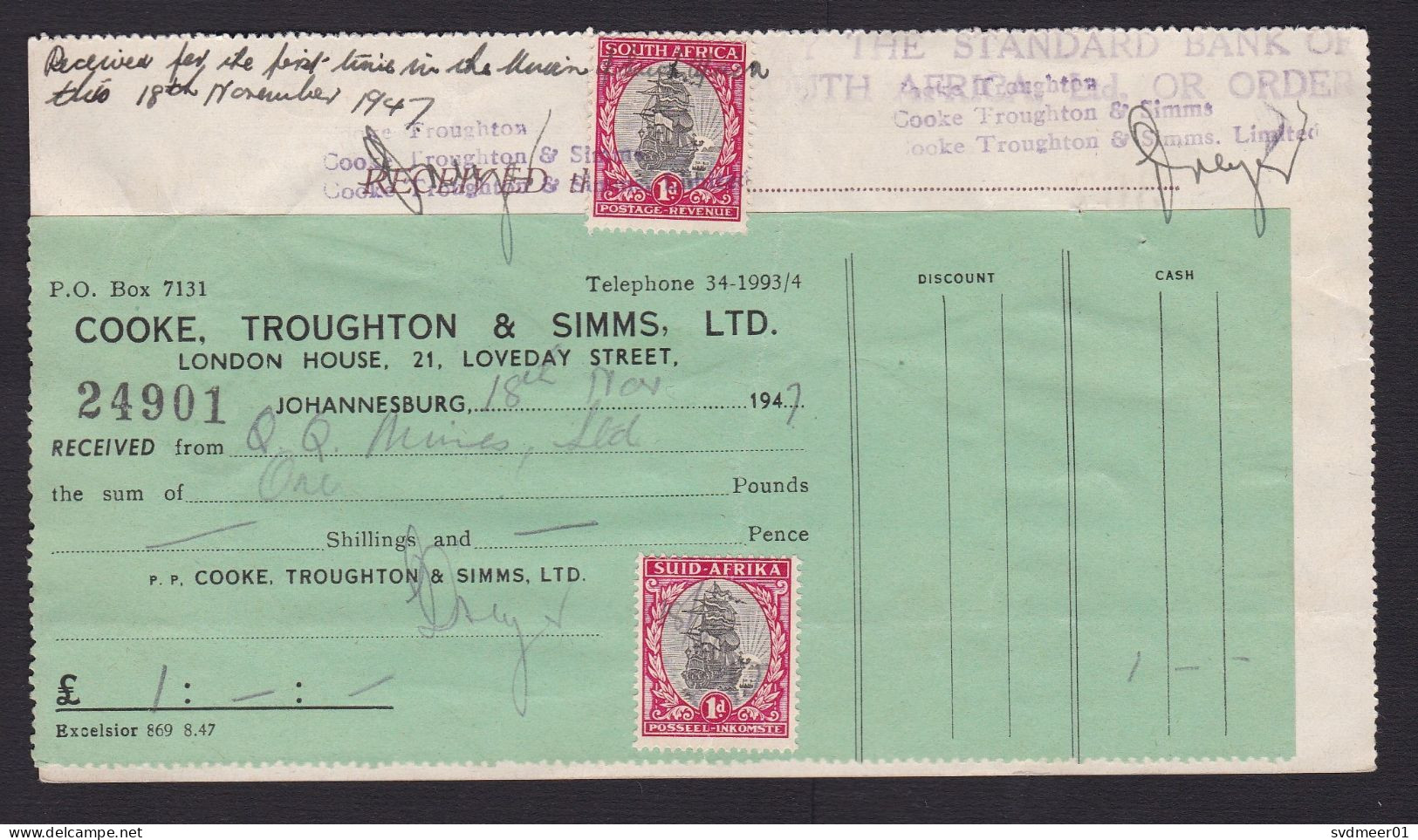 South Africa: Payment Document, 1947, 2 Revenue Tax Stamps, QQ Mines South Rhodesia, Barclays Bank (minor Creases) - Brieven En Documenten