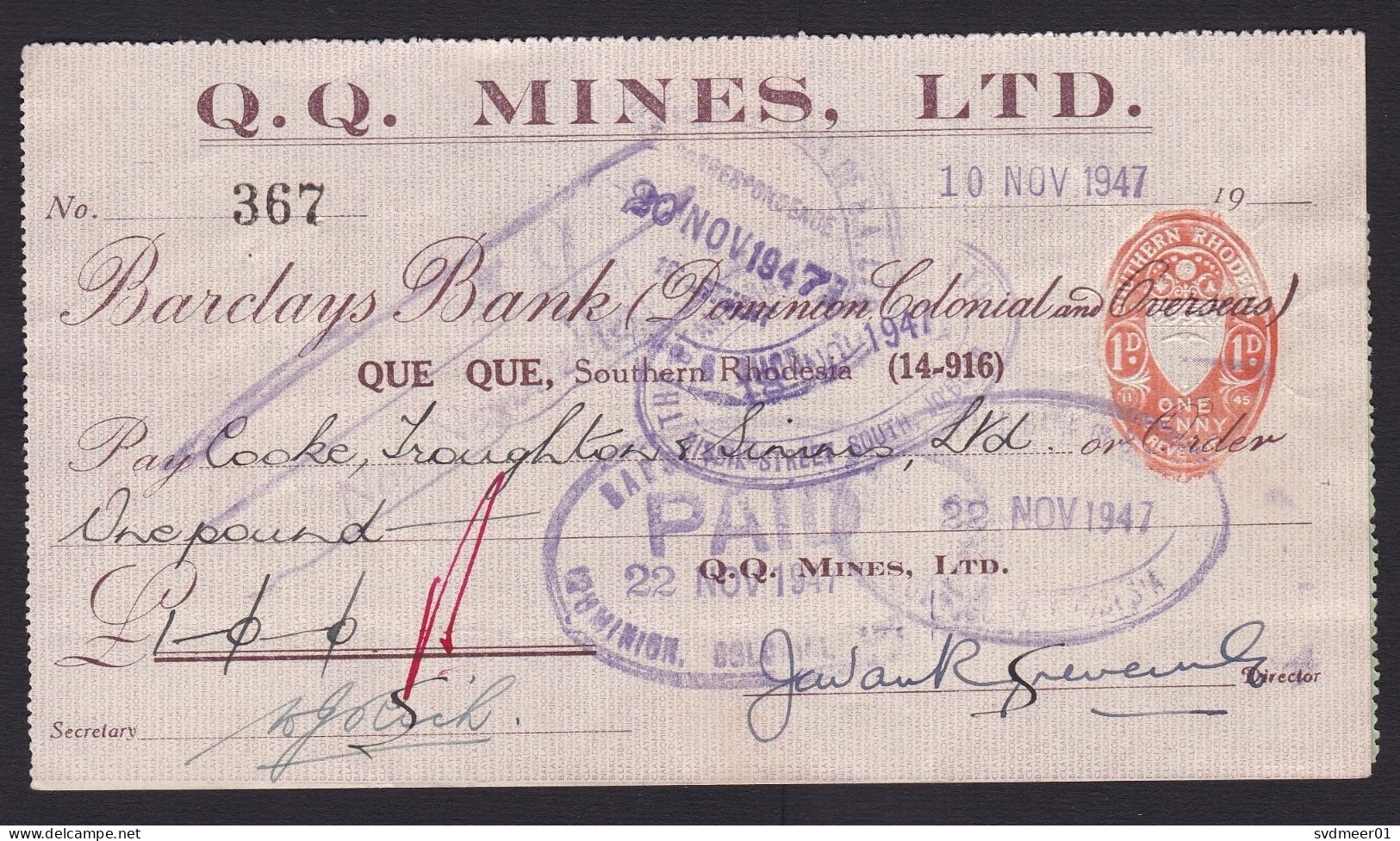 South Africa: Payment Document, 1947, 2 Revenue Tax Stamps, QQ Mines South Rhodesia, Barclays Bank (minor Creases) - Cartas