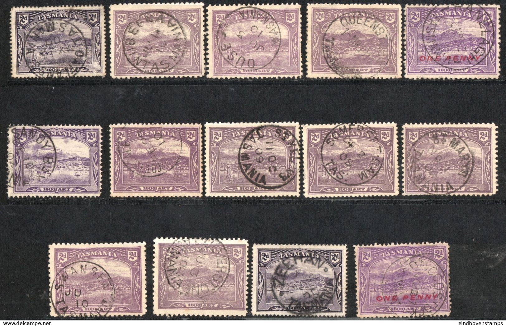 Tasmania 1905 2p 14x Cancelled Shades, Printings & Cancels: Nubeena, Oatlands, Ouse, Ranelagh, St Helen's, St Martys - Oblitérés