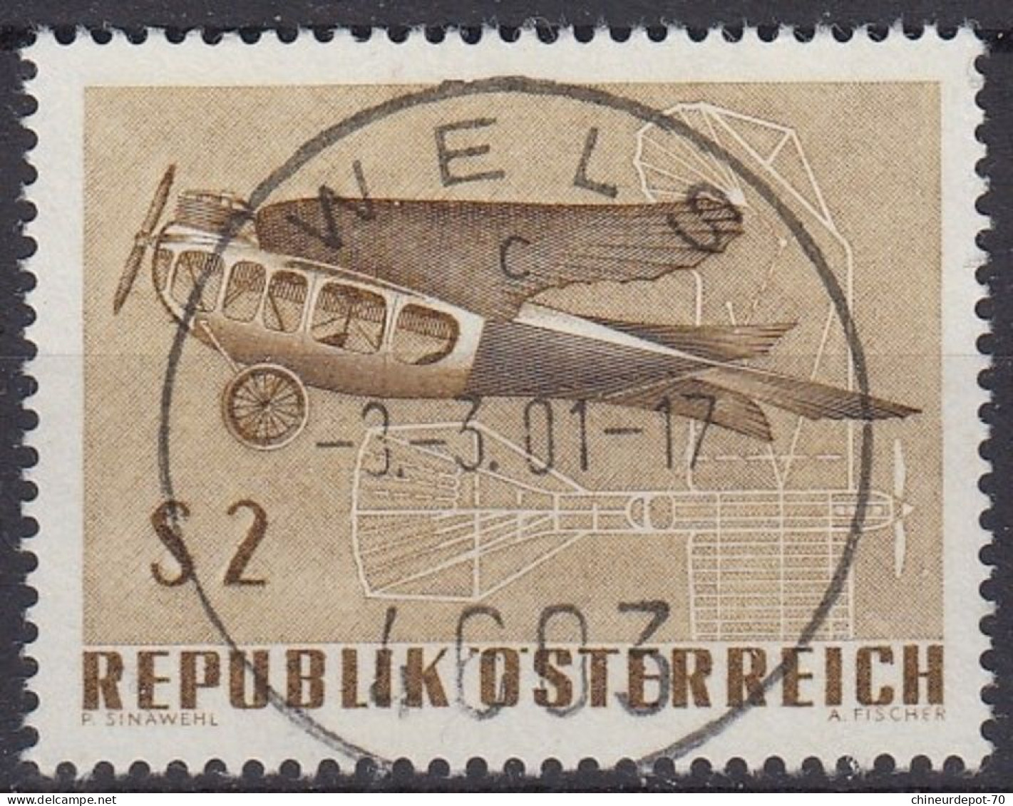 REPUBLIK OSTERREICH P SINAWEHL A. FISCHER Cachet Wels Avion Aviation - Oblitérés