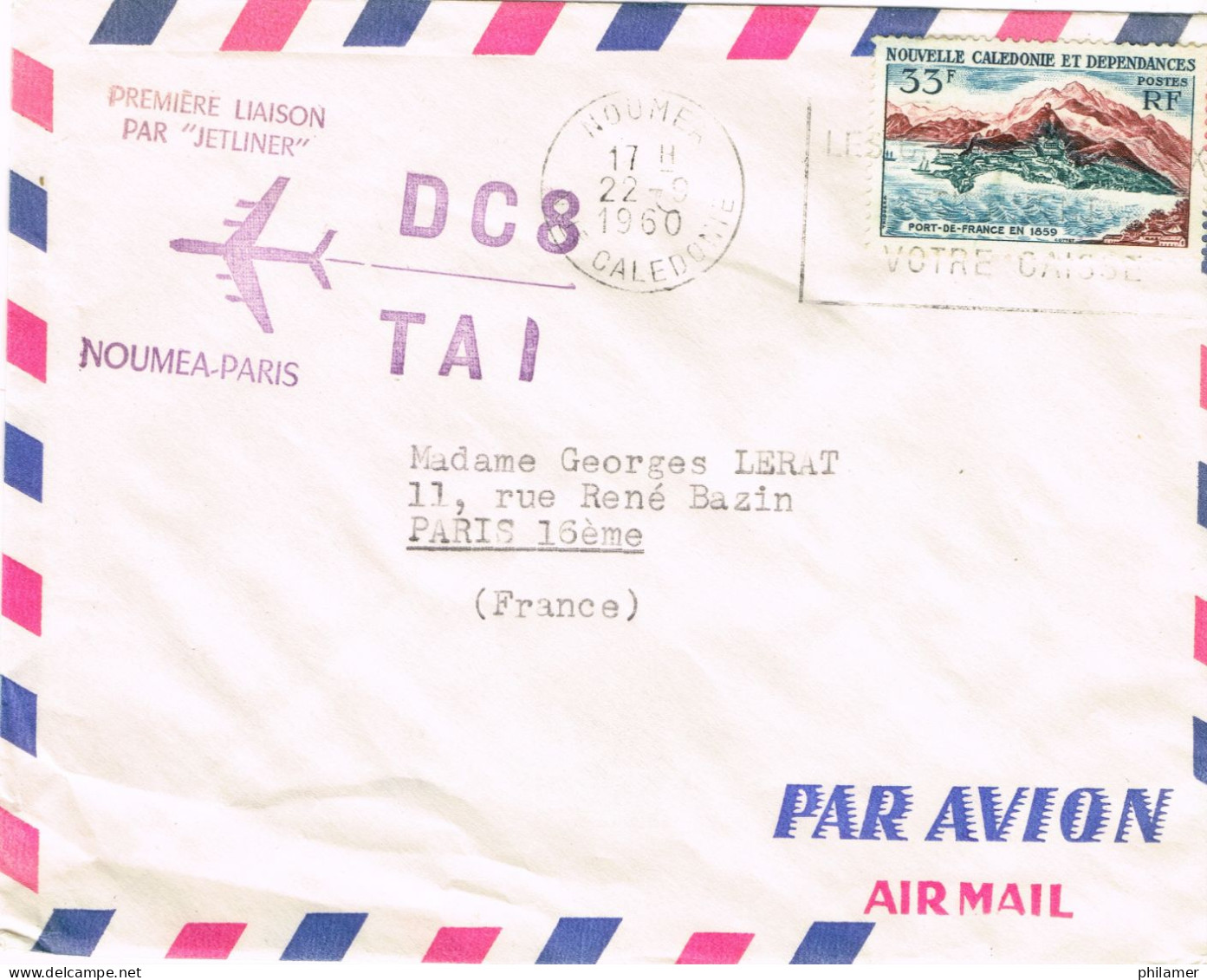 NOUVELLE CALEDONIE NEW CALEDONIA FFC PREMIER VOL Liaison Jetliner Noumea Paris France 22/09/1960 Flamme Legere BE - Covers & Documents