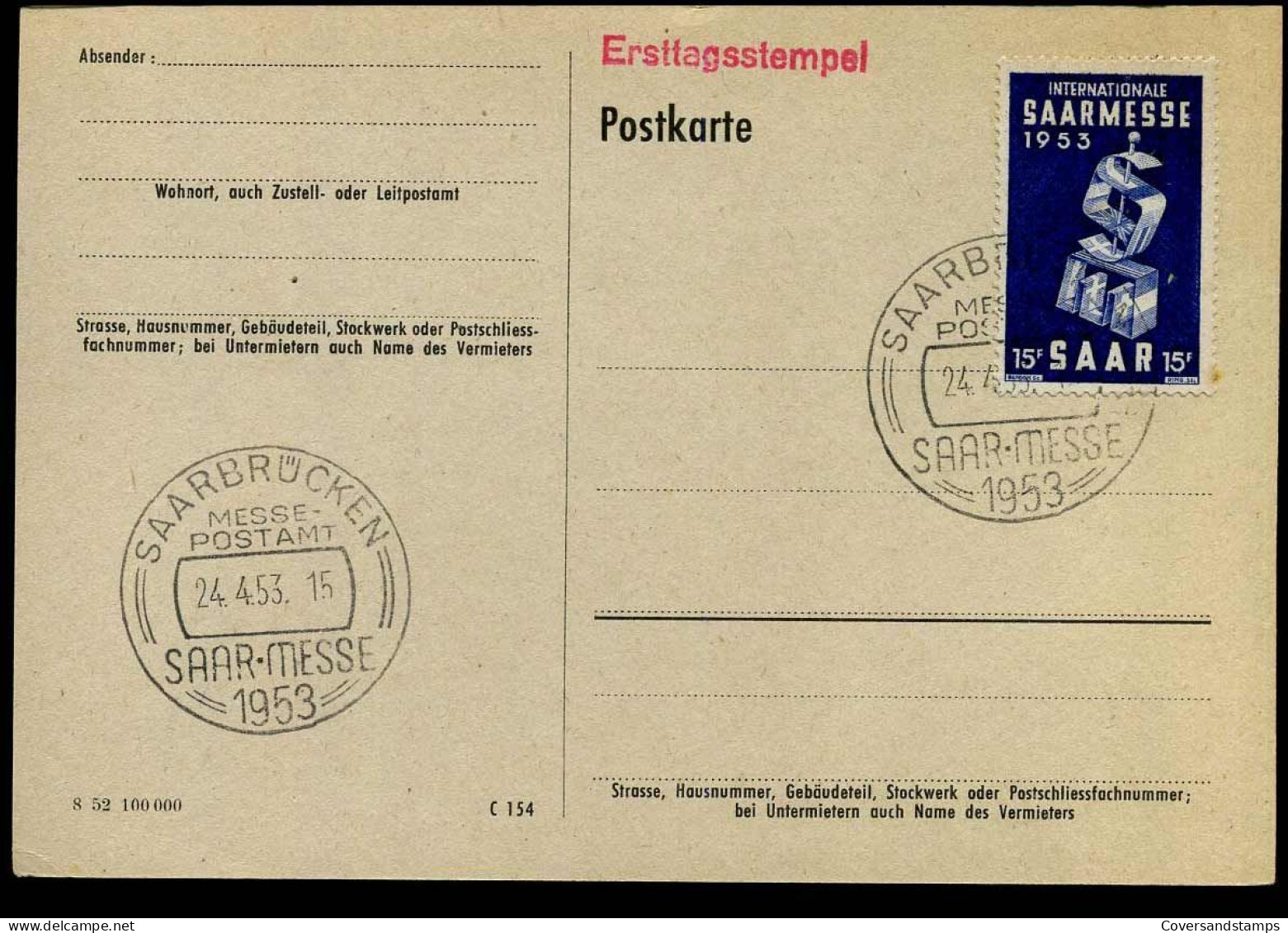 Saar - Postkarte - Saarmesse 1953 - Nuovi
