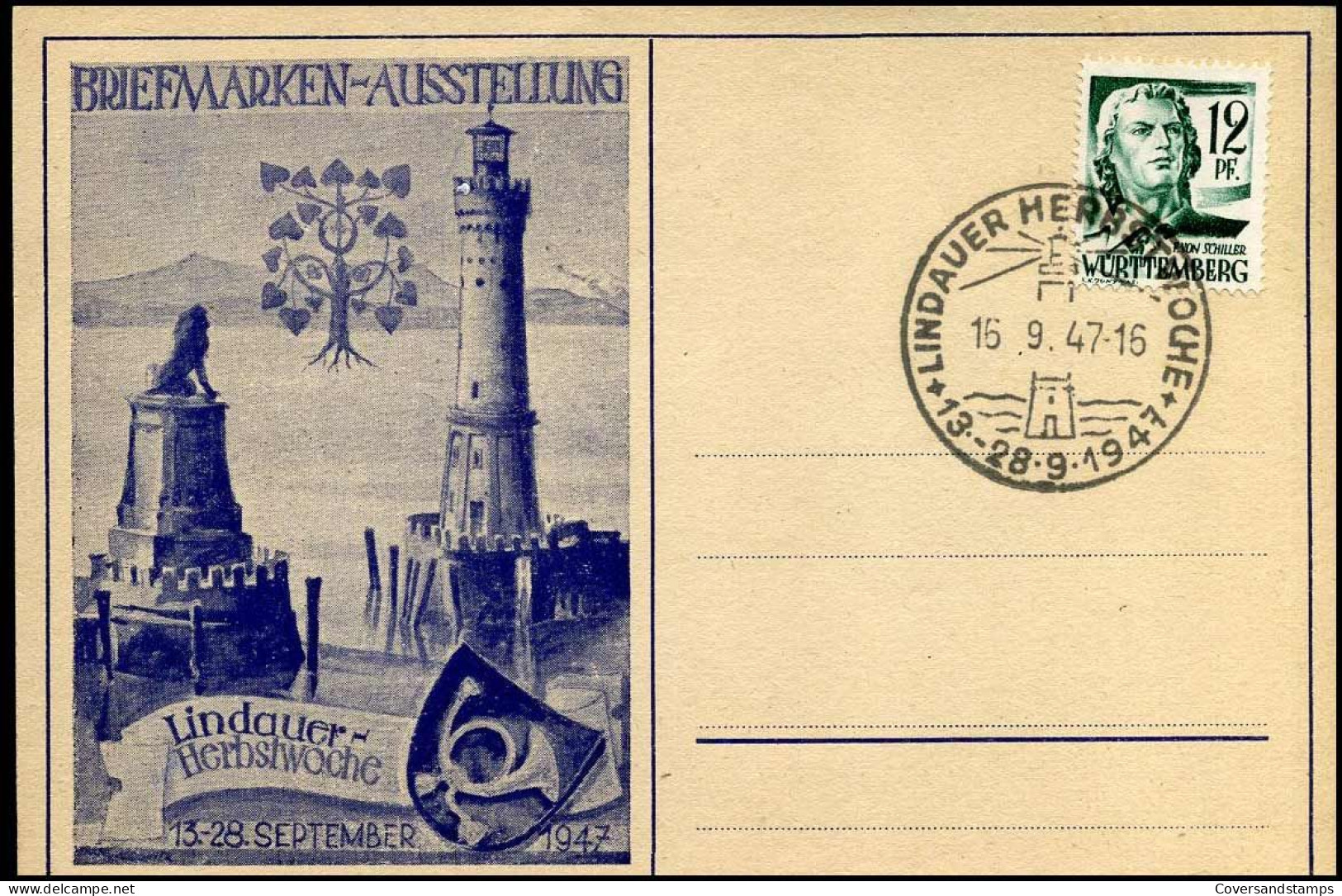 Württemberg - Postkarte Briefmarken Ausstellung Lindauer Herbstwoche - 15-09-1947 - Wurtemberg