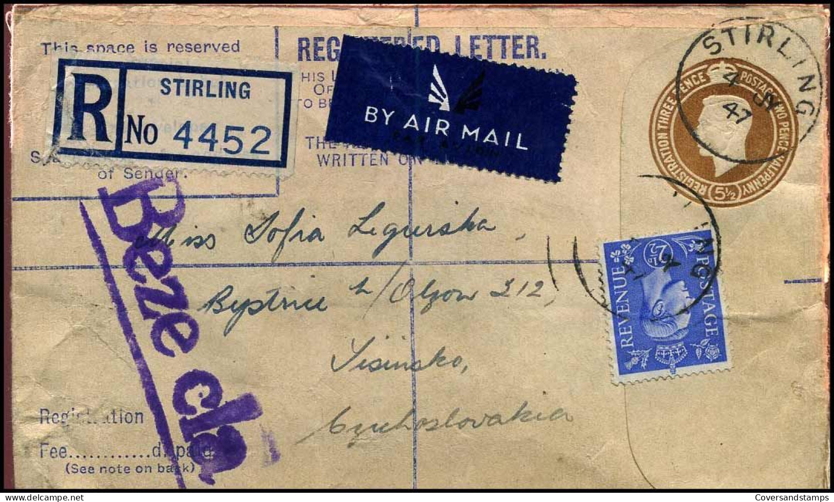 Registered Cover To Czechoslovakia -- 'Beze Cla' (duty Free) - Cartas & Documentos