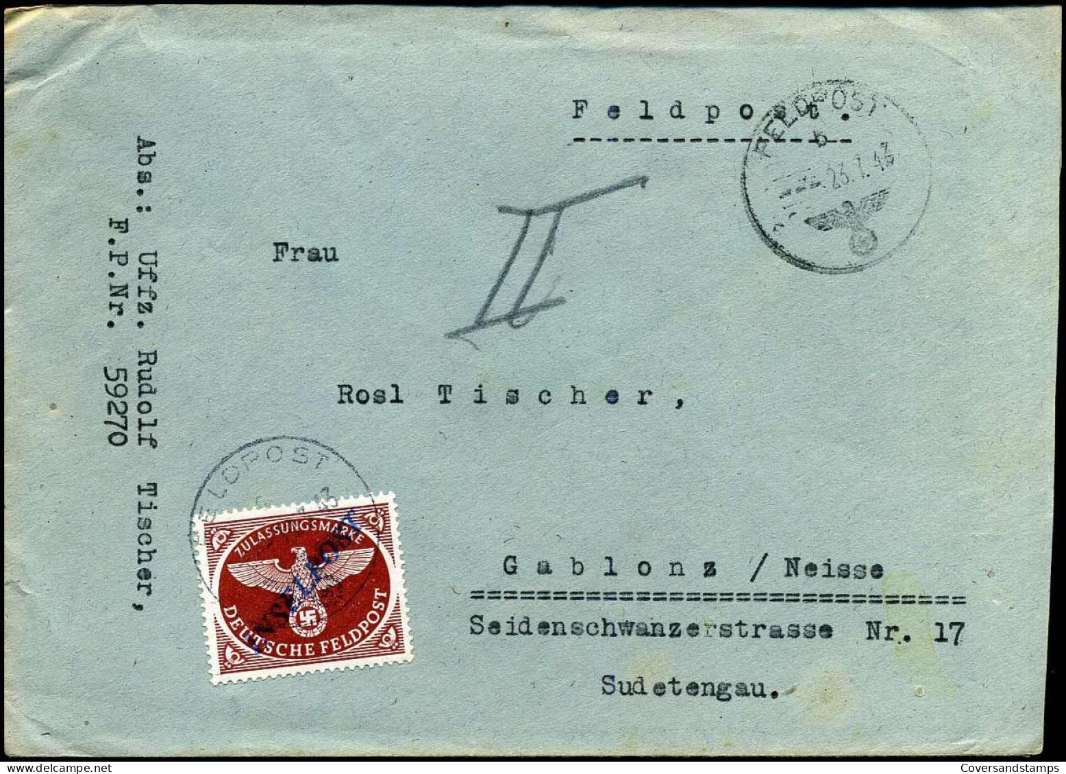 Cover To Gablonz / Neisse -- Feldpost - Inselpost Mi 10 B C - Feldpost 2e Wereldoorlog