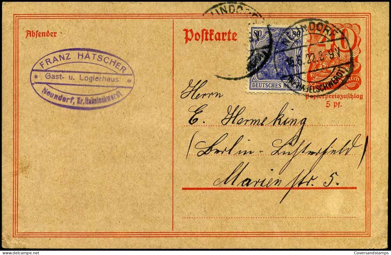 Postkarte - 40 Pf + 80 Pf -- 'Franz Hatscher, Gast- U Logierhaus, Neunderf' - Briefkaarten