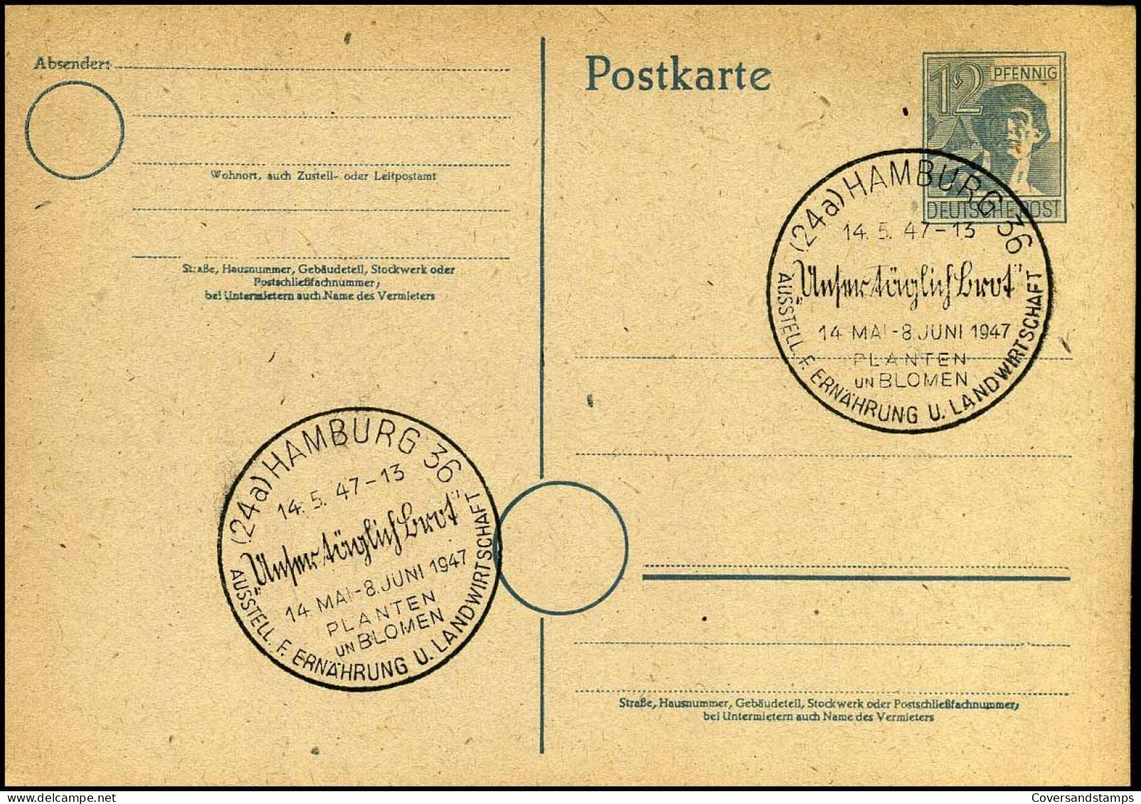 Postkarte Mit Sonderstempel Ausstellung Ernährung Und Landwirtschaft, Hamburg 1947 - Entiers Postaux