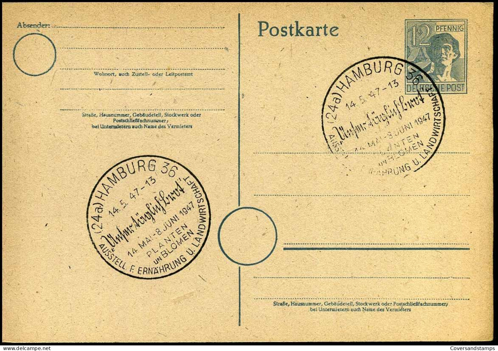 Postkarte Mit Sonderstempel Ausstellung Ernährung Und Landwirtschaft, Hamburg 1947 - Entiers Postaux