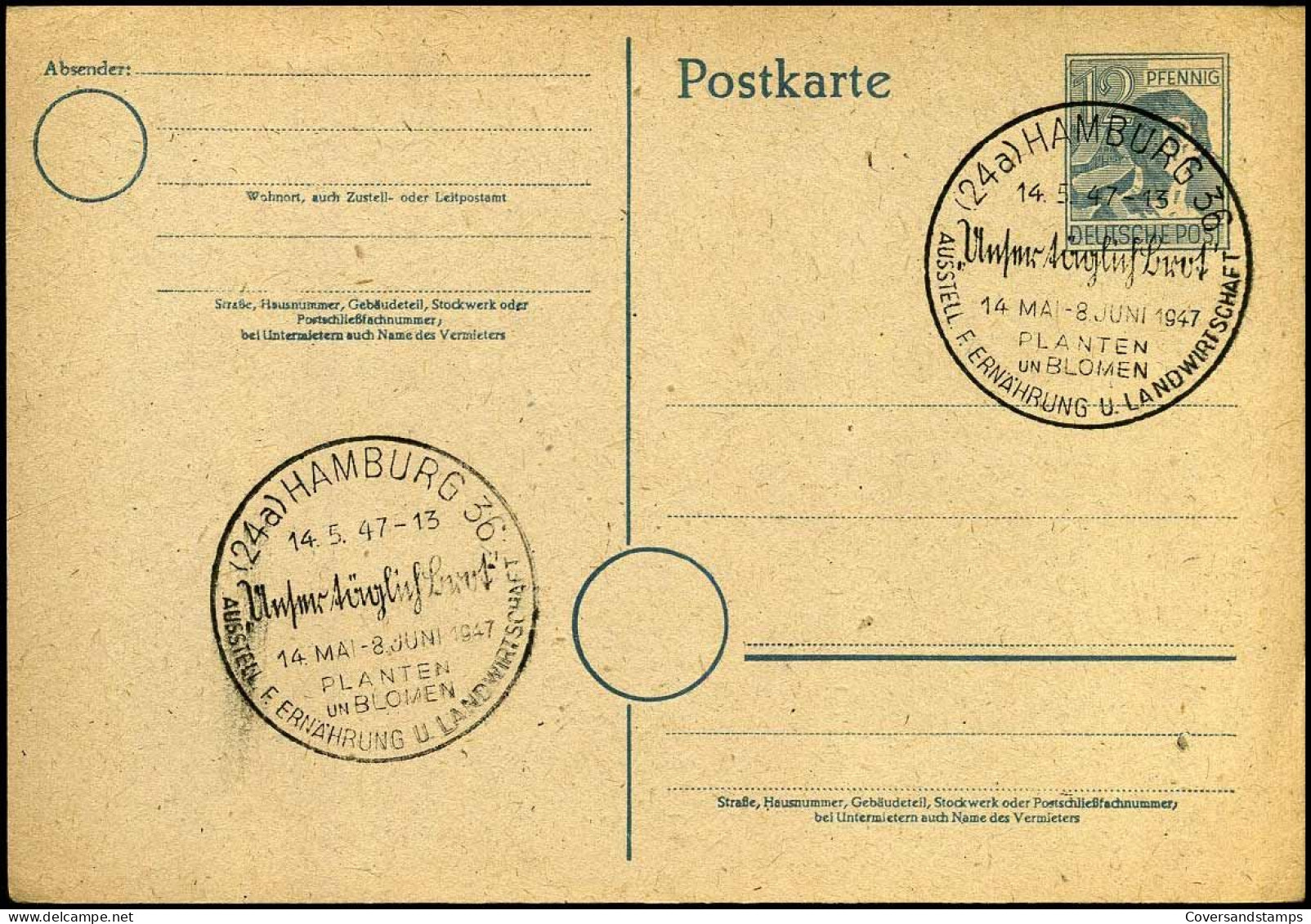 Postkarte Mit Sonderstempel Ausstellung Ernährung Und Landwirtschaft, Hamburg 1947 - Ganzsachen