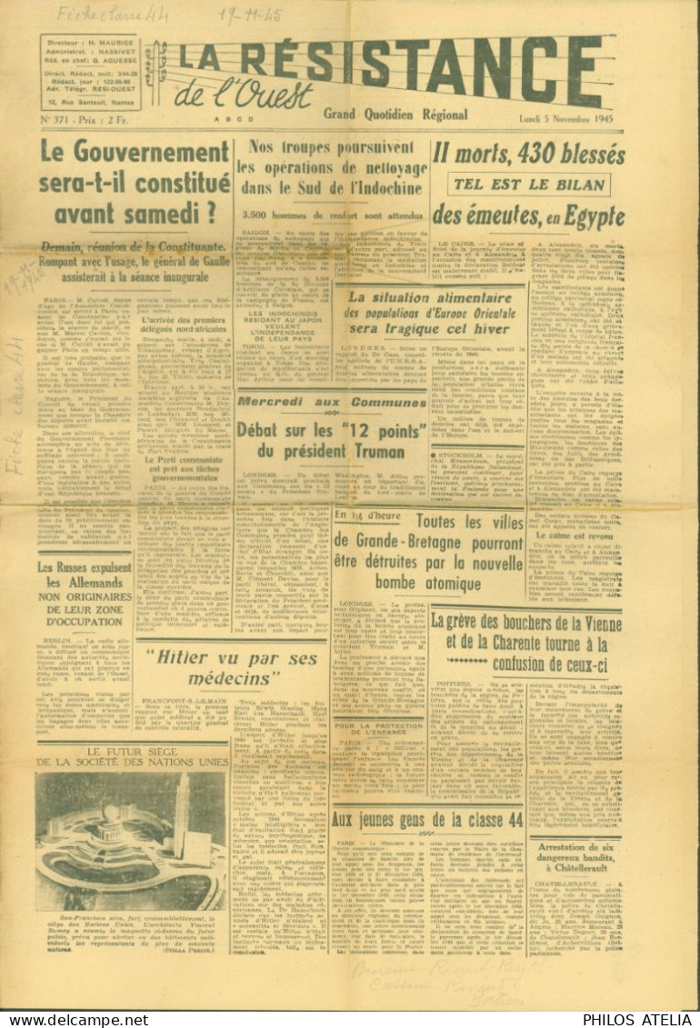 Journal La Résistance De L'Ouest Du Lundi 5 Novembre 1945 Création Gouvernement Nettoyage Sud Indochine Bombe - Altri & Non Classificati