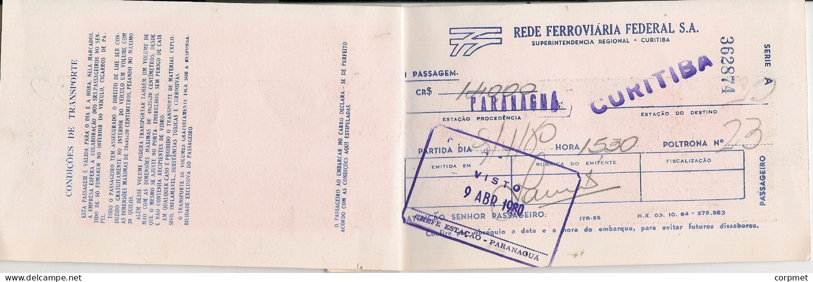 BRAZIL TRAIN PASS - Type Of Air Ticket - From PARANAGUA To CURITIBA, With A Map Of The Route On The Back - Wereld