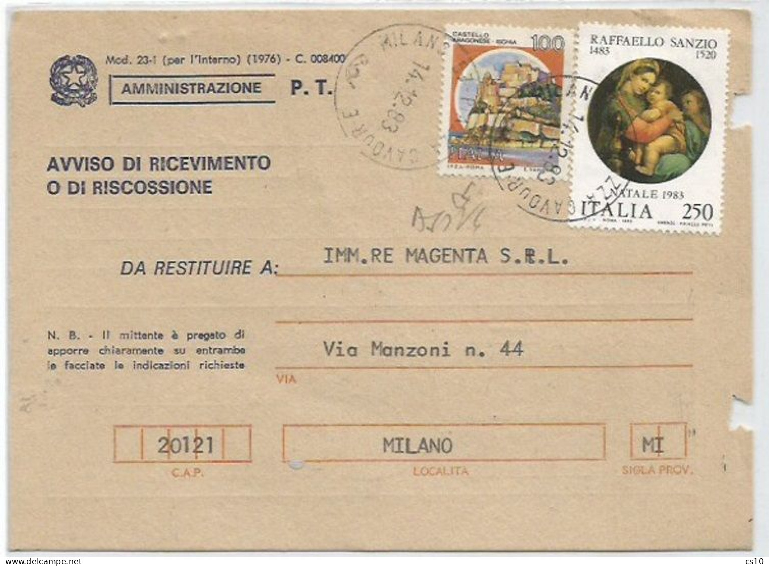 Specializzazione Castello L.100 D.13e1/4 + Natale L.250  Su Avviso Ric. Milano 14dic1983 - 1981-90: Marcophilia