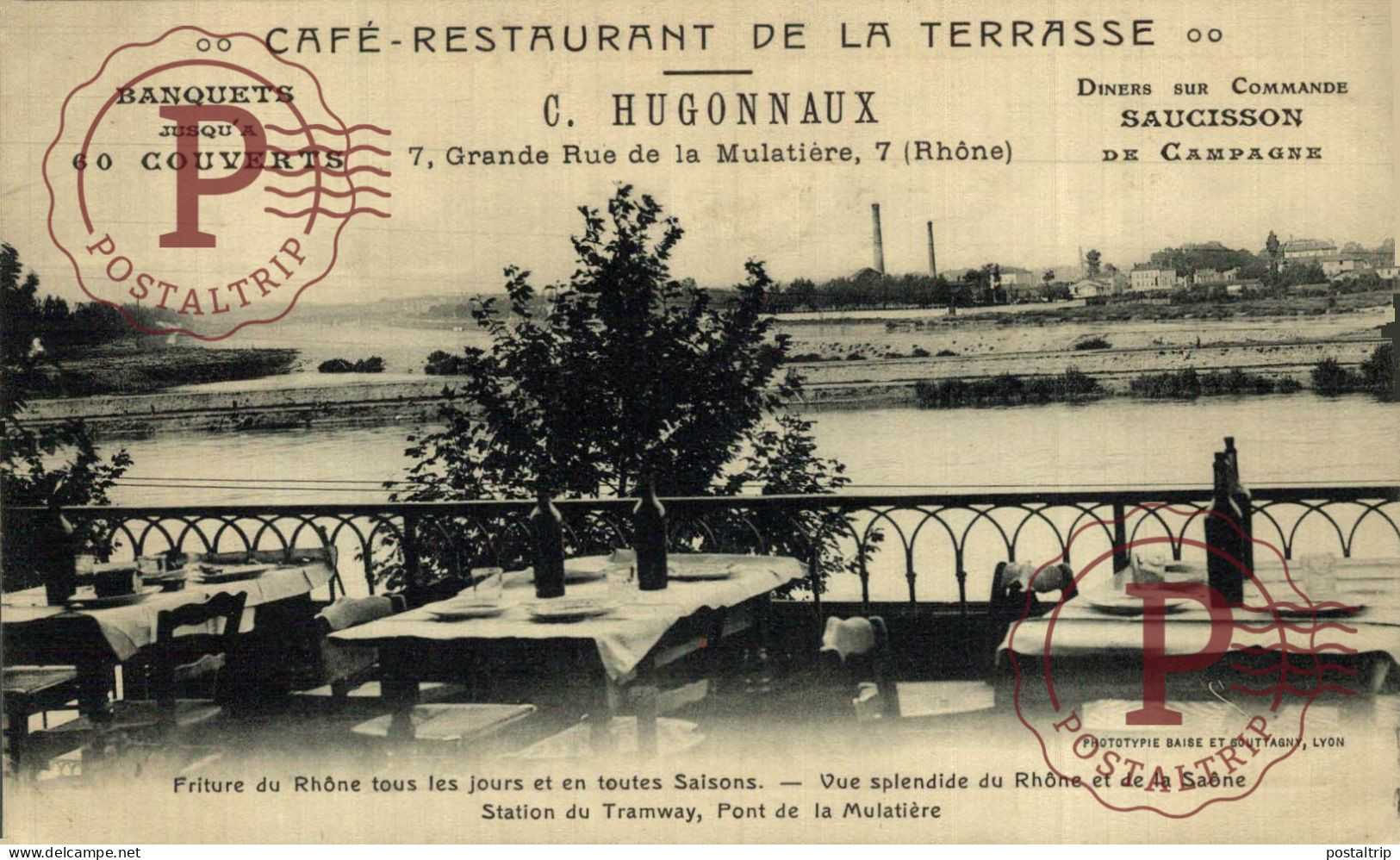 ¡RARE! PUBLICIDAD. LYON. RHONE. FRANCE. CAFE-RESTAURANT DE LA TERRASSE. C. HUGONNAUX. MENÚ. NOTE.  SEE 2 SCAN - Hotels & Restaurants