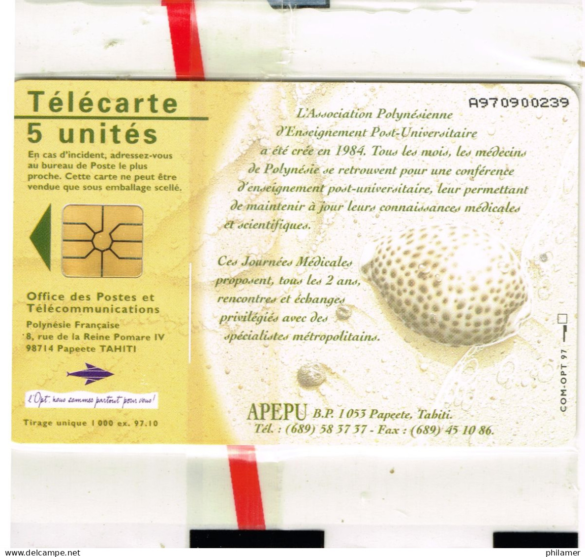 Polynesie Francaise Telecarte Phonecard PF64 APEPU Journees Medicale Sante Coquillage Shell Tigris Neuve B - Frans-Polynesië