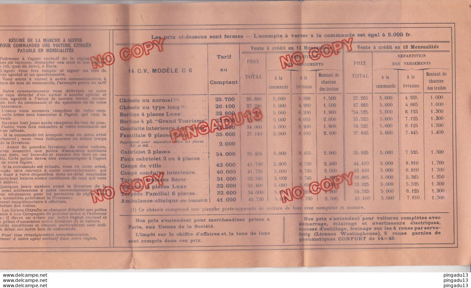 Fixe Tarif 1 Er Novembre 1928 Citroën C 6 - KFZ