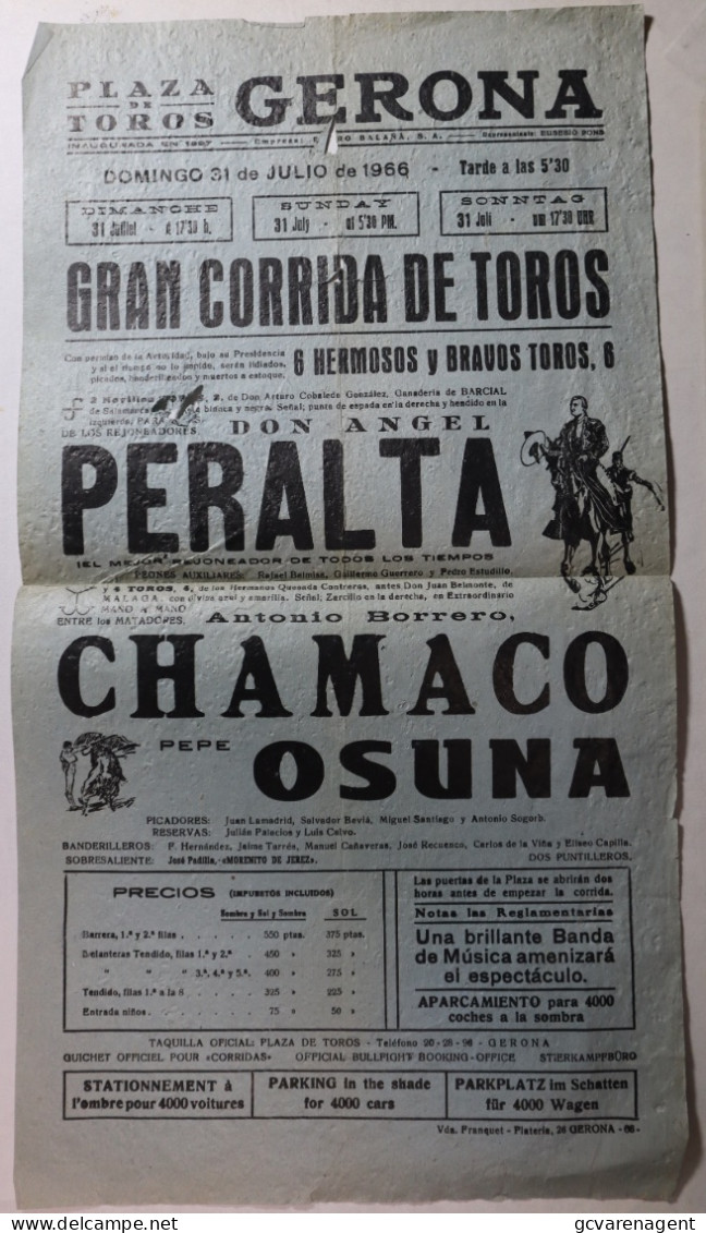 GERONA  - PLAZA DE TORROS  - GRAN CORRIDA DE TOROS - DOMINGO 31 DE JULIO DE 1966   40 X  21 CM - Gerona