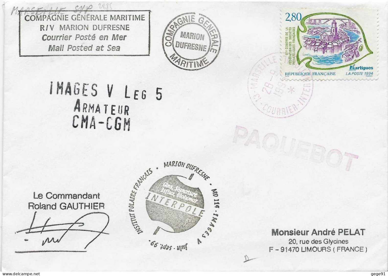 YT 2885 - Martigues - Posté à Bord Du MD -PAquebot - Marseille Intenational - 28/09/1999 - Cartas & Documentos