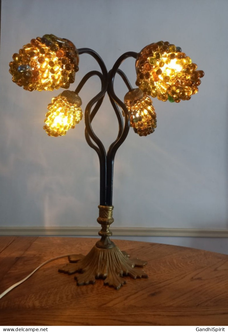 Superbe Lampe En Verre De Murano Modèle Grappe De Raisin à 4 Feux Socle Bronze - Luminarie E Lampadari
