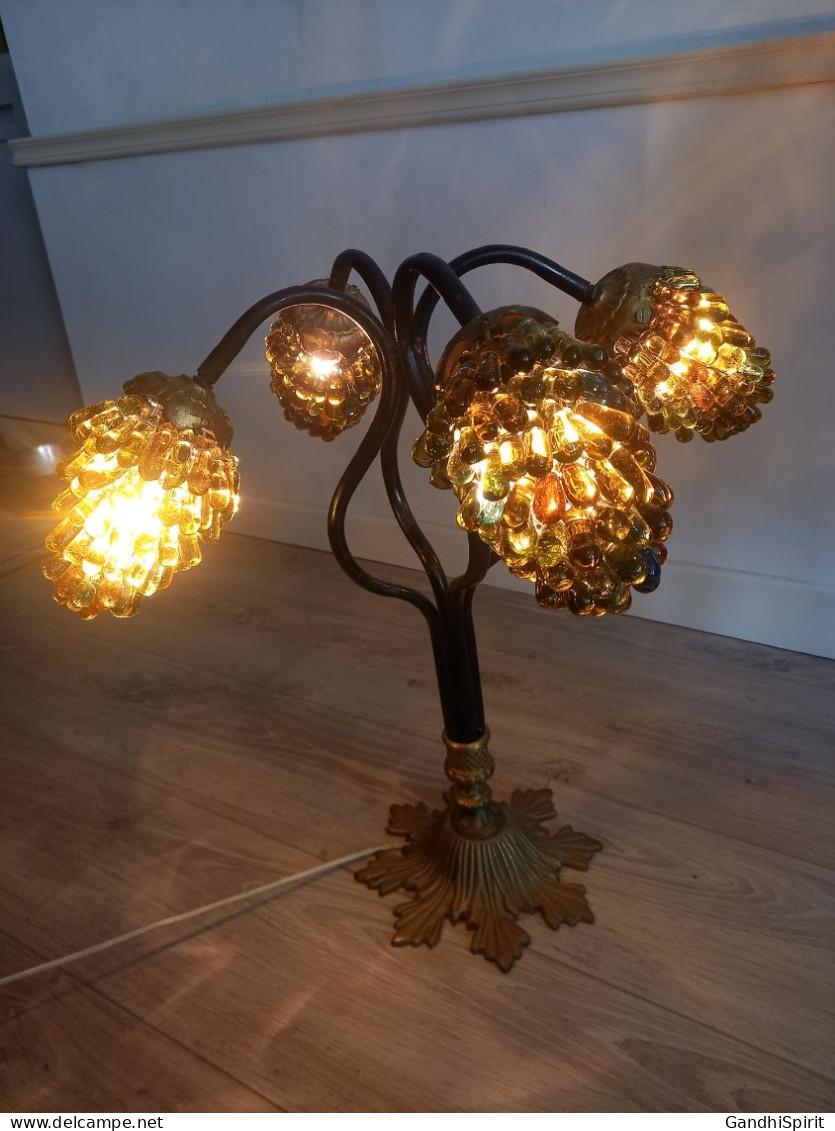 Superbe Lampe En Verre De Murano Modèle Grappe De Raisin à 4 Feux Socle Bronze - Luminarie E Lampadari