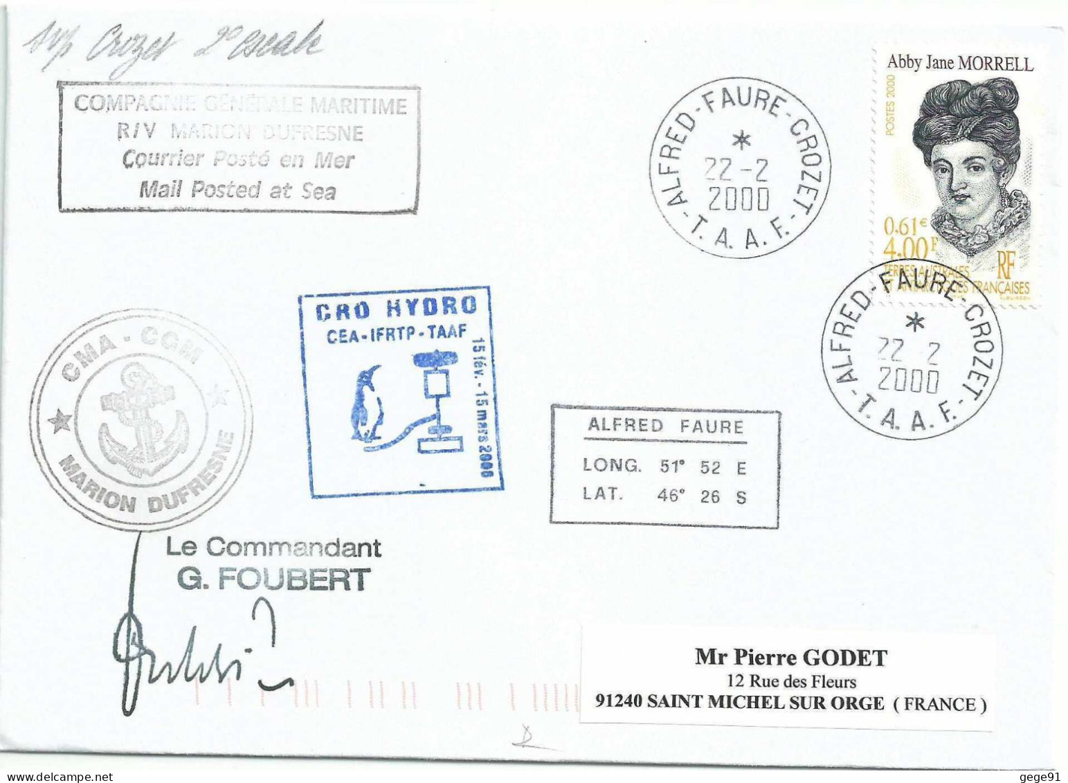 YT 285 Abby Jane Morrell - Posté à Bord Du MD - Alfred Faure - Crozet - 22/02/2000 - Cartas & Documentos
