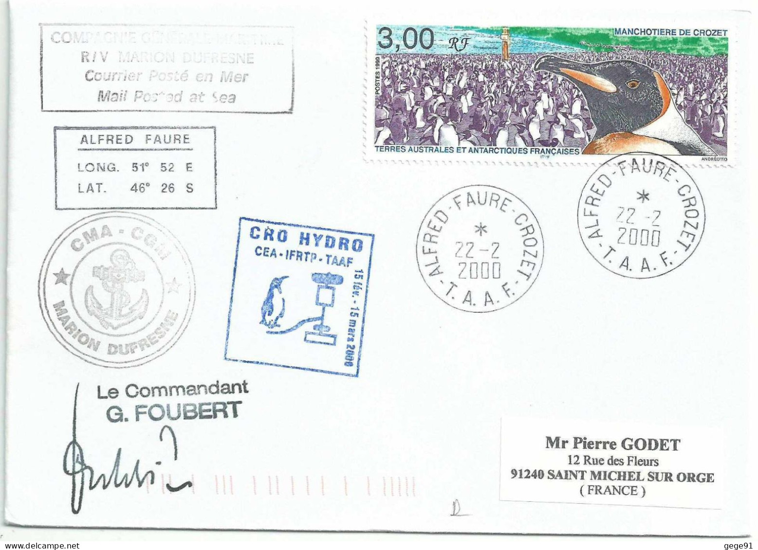 YT 237 Manchotère De Crozet - Posté à Bord Du MD - Alfred Faure - Crozet - 22/02/2000 - Covers & Documents