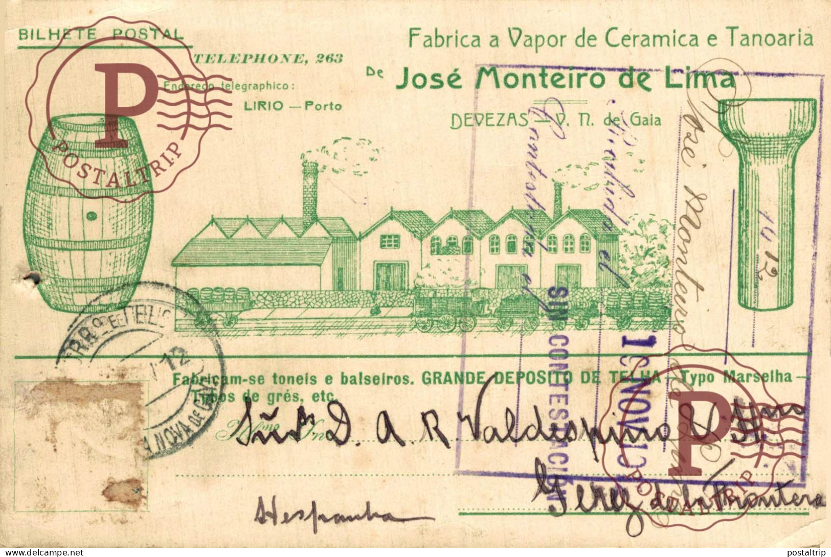 PORTUGAL PORTO. FABRICA A VAPOR CERAMICA TANOARIA JOSE MONTEIRO DE LIMA. FIRMA. ESCRITA A VALDESPINO. JEREZ FRONTERA - Publicidad