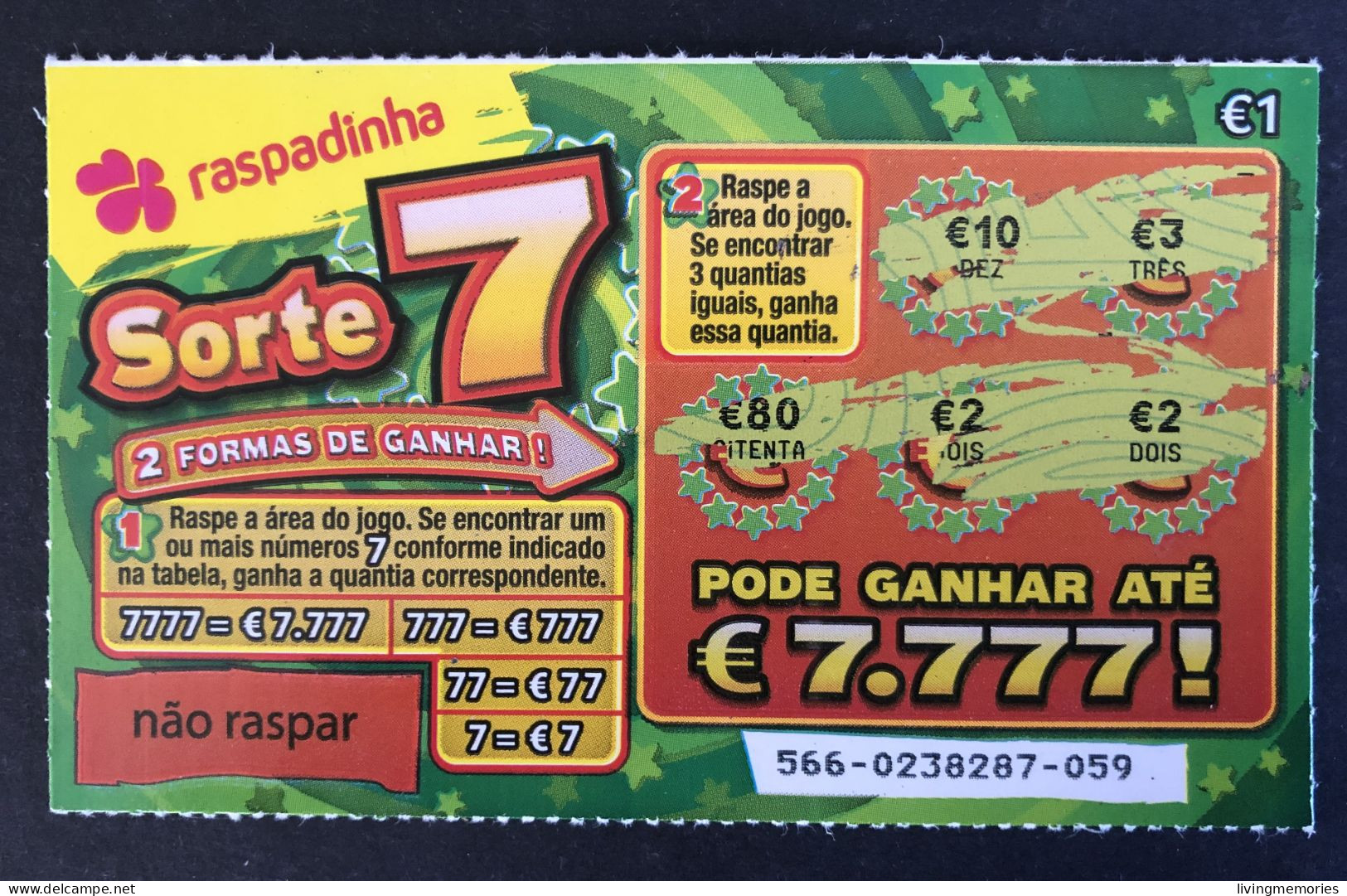 116 X, Lottery Tickets, Portugal, « Raspadinha », « Instant Lottery », « Raspadinha Sorte 7 » # 566 - Billets De Loterie