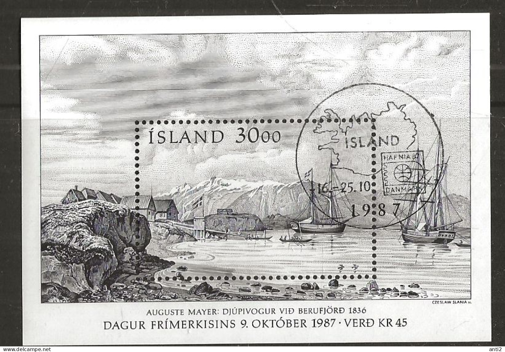 Island Iceland 1987 Stamp Day.Djúpivogur Trading Center On Berufjördur (1836); Drawing, Mi Bloc 8, Cancelled(o) - Usados