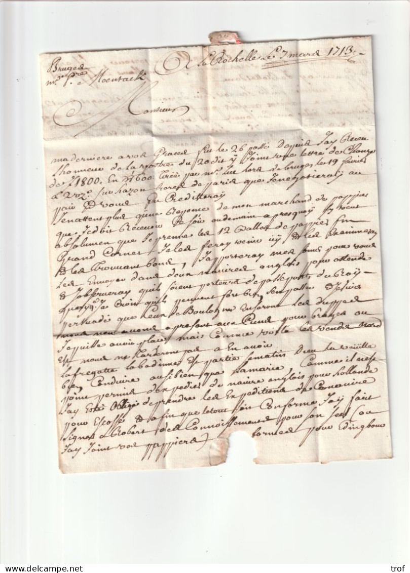 Marque Postale DE LA ROCHELLE Du7 Mars 1713 Pour Bruges. Indice 16. - ....-1700: Precursors