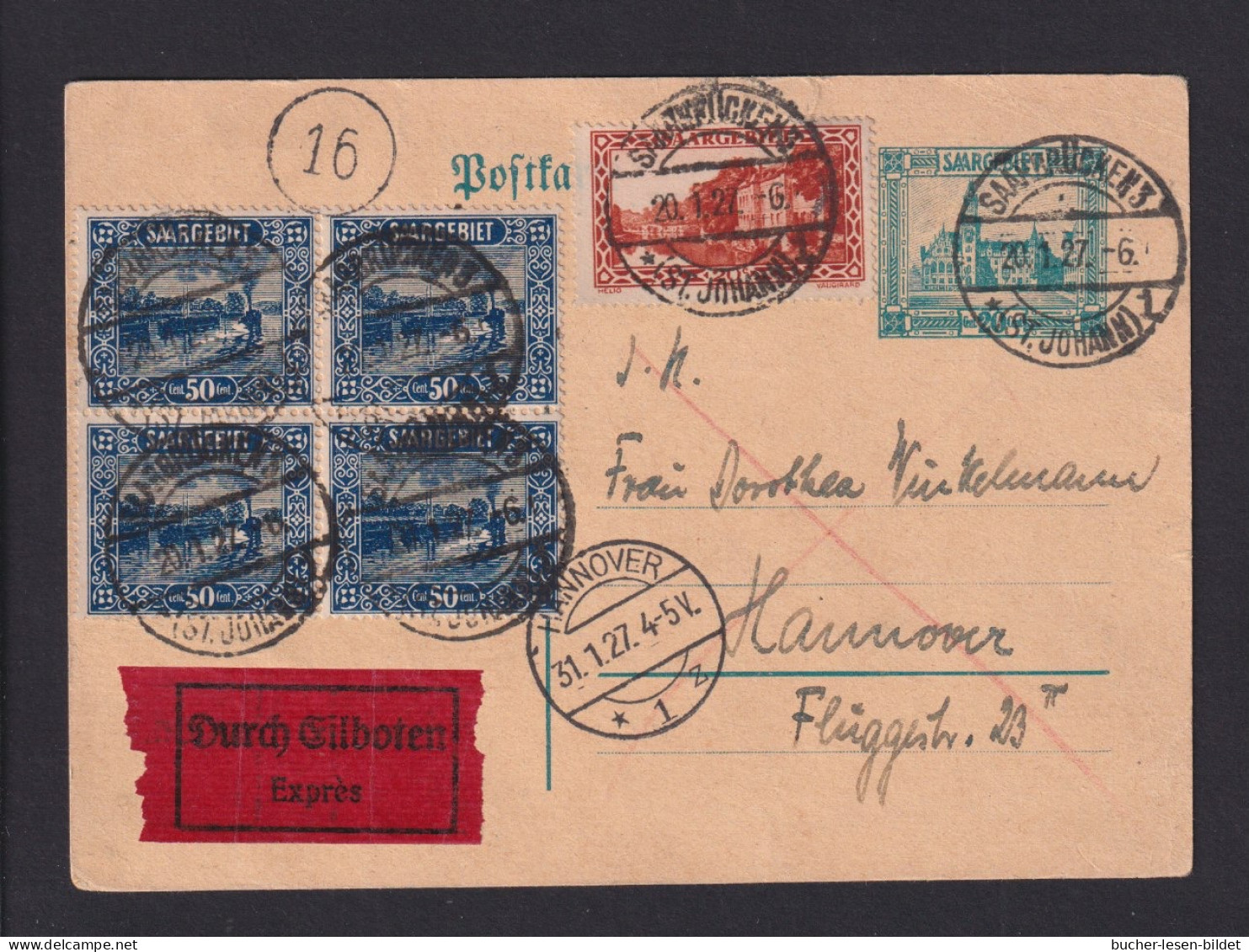 1927 - 20 Pf. Ganzsache (P 19) Mit Zufrankatur Als Eilboten Ab Saarbrücken Nach Hannover - Storia Postale